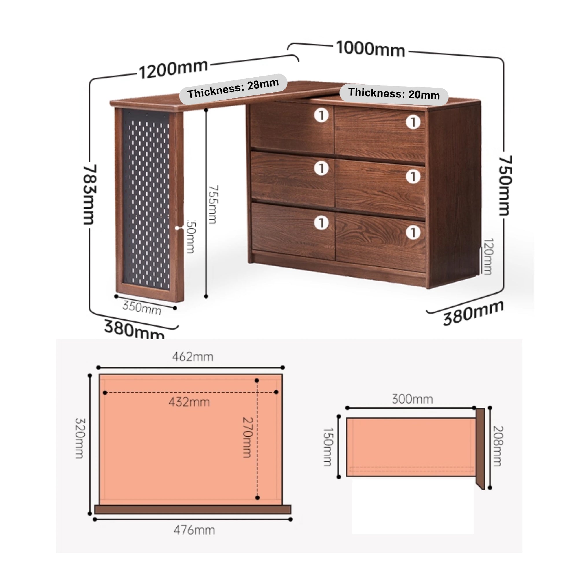 Solidwood Radiant Extendable Dressing Table, Walnut Oak