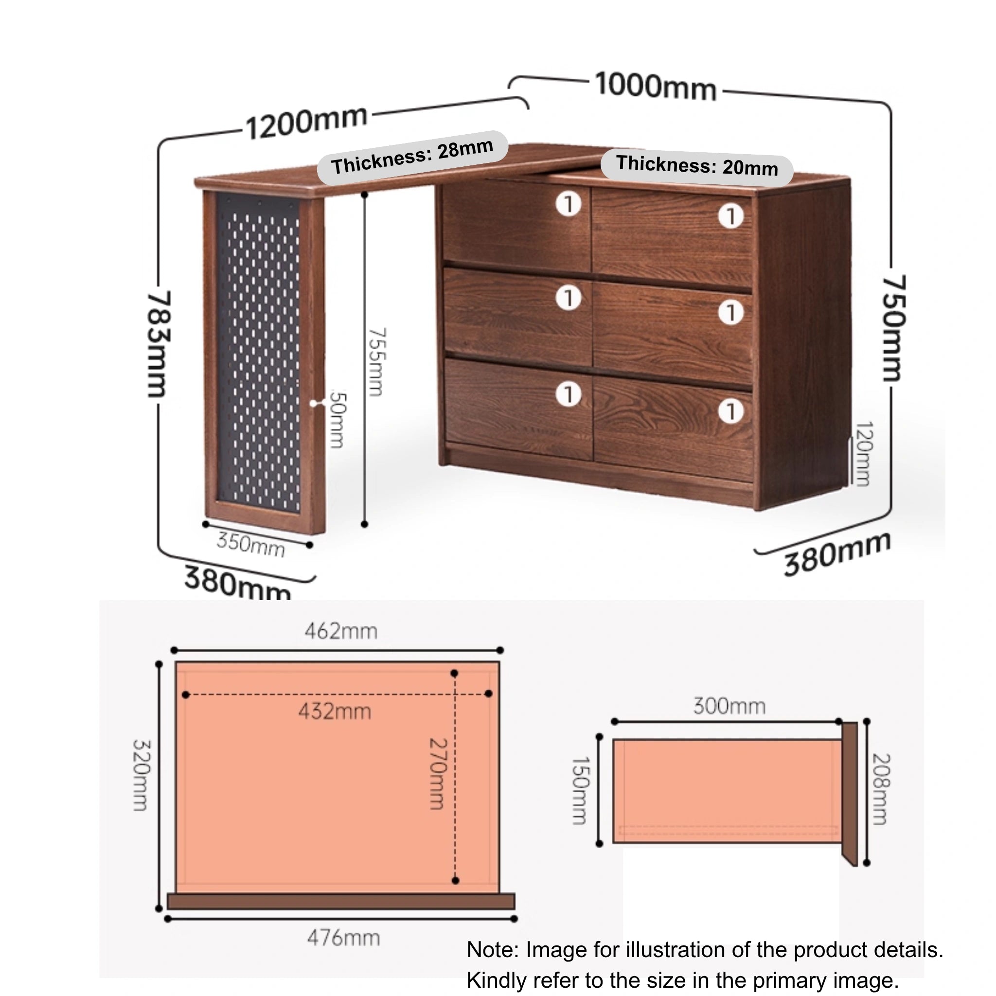 Solidwood Radiant Chest of 6 Drawers, Walnut Oak