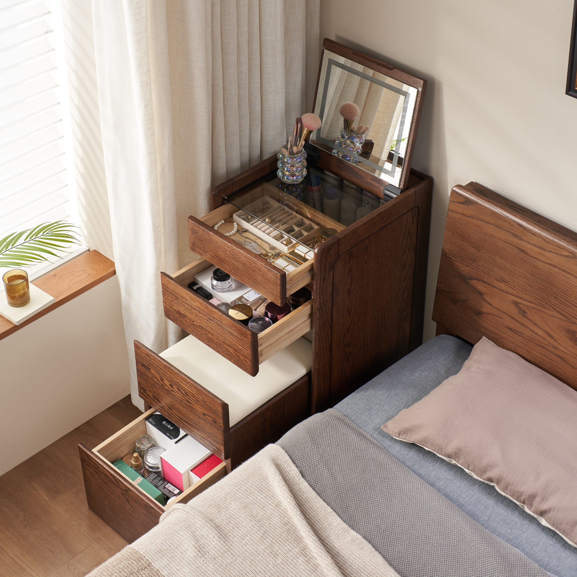 Solidwood Radiant Dressing Table and Stool Set with Flip Mirror, Walnut Oak