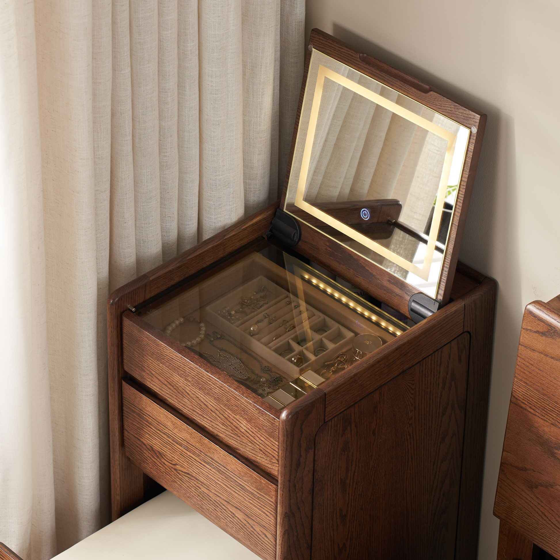 Solidwood Radiant Dressing Table and Stool Set with Flip Mirror, Walnut Oak