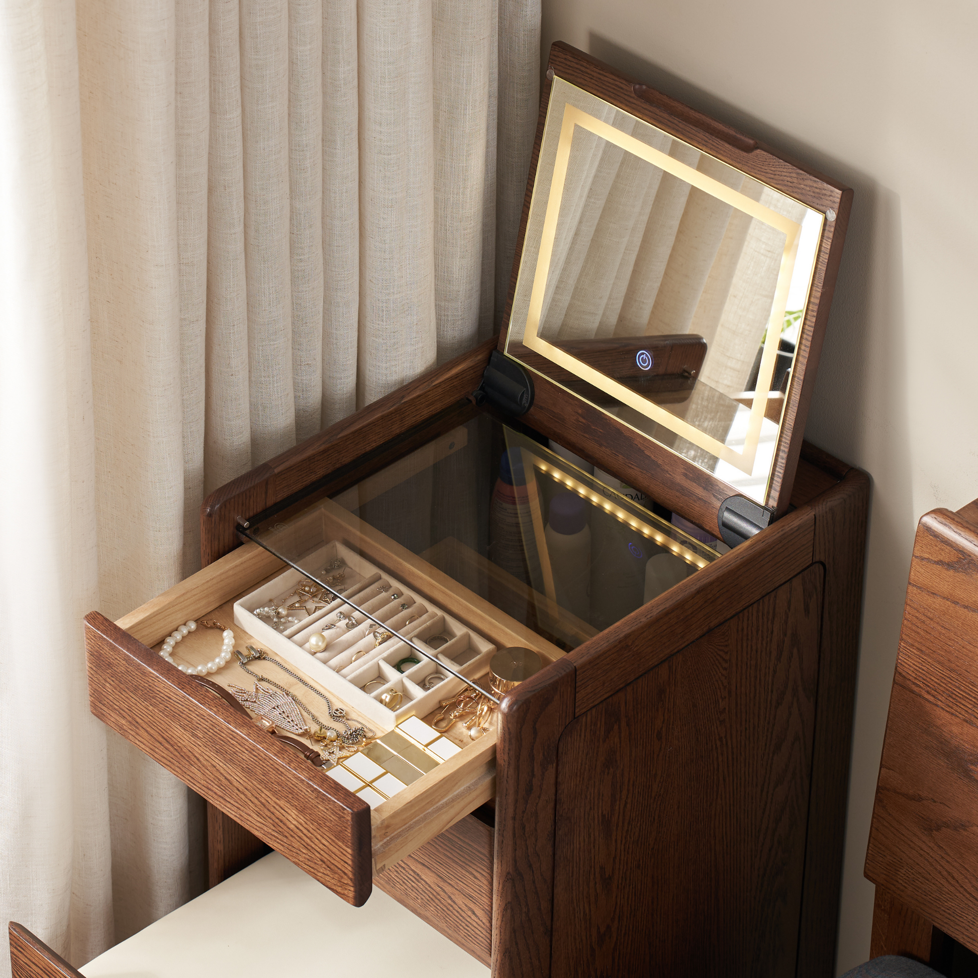 Solidwood Radiant Dressing Table and Stool Set with Flip Mirror, Walnut Oak