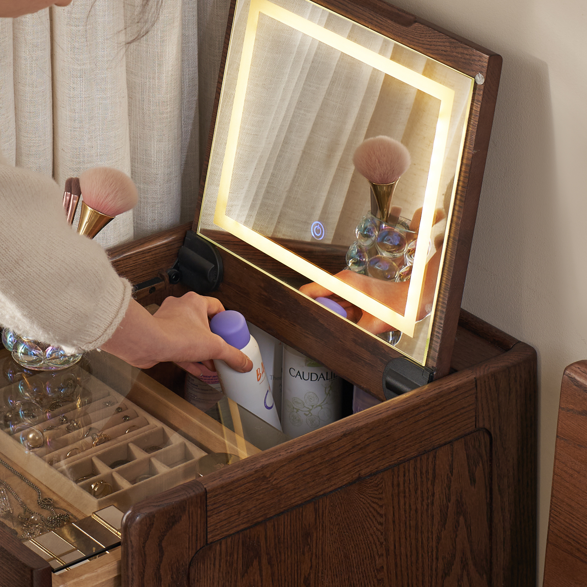 Solidwood Radiant Dressing Table and Stool Set with Flip Mirror, Walnut Oak