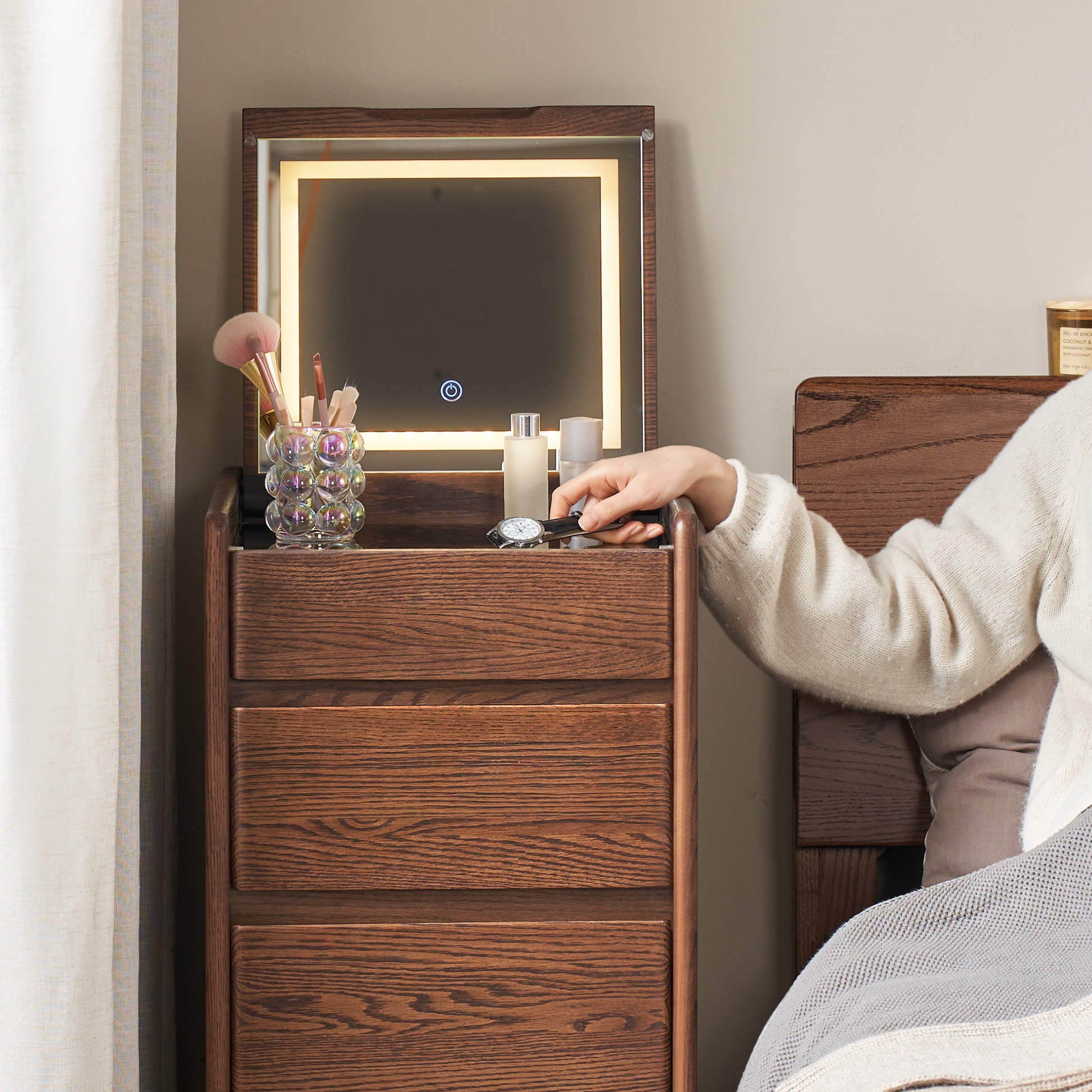 Solidwood Radiant Dressing Table and Stool Set with Flip Mirror, Walnut Oak