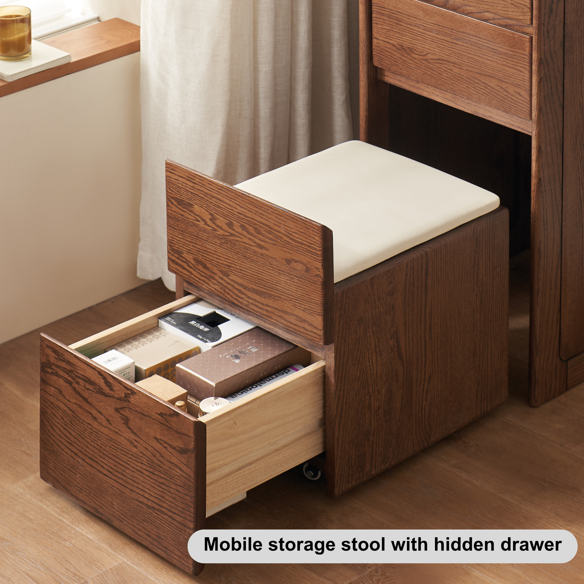 Solidwood Radiant Dressing Table and Stool Set with Flip Mirror, Walnut Oak