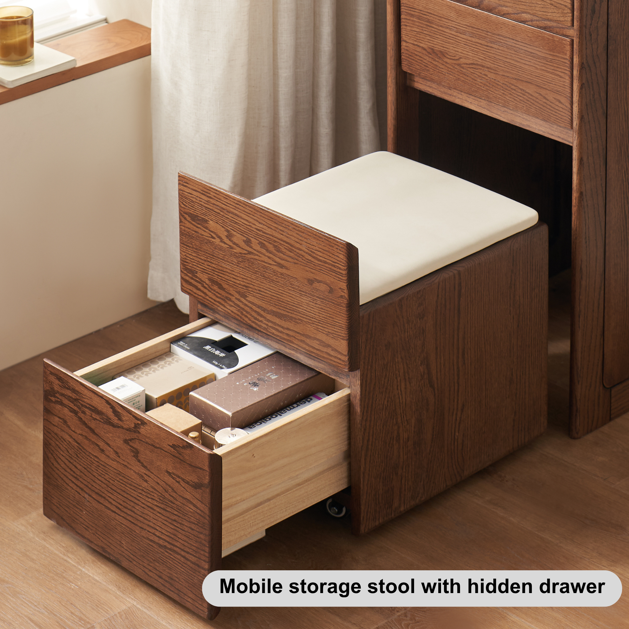 Solidwood Radiant Dressing Table and Stool Set with Flip Mirror, Walnut Oak