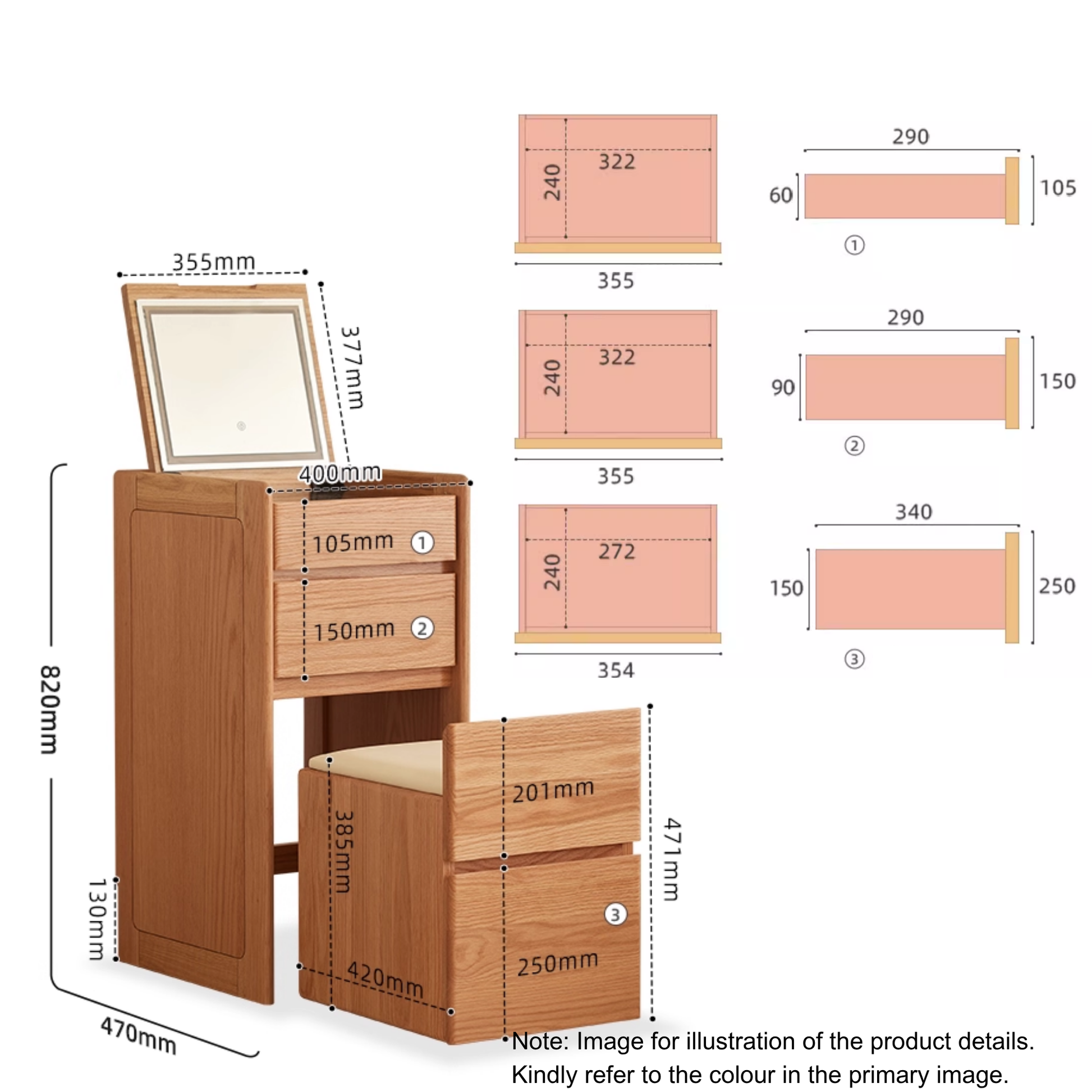 Solidwood Radiant Dressing Table and Stool Set with Flip Mirror, Walnut Oak