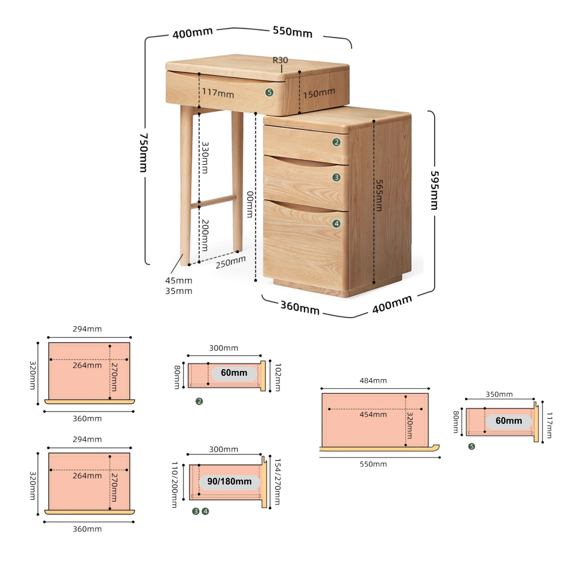 Solidwood Radiant Extendable Dressing Table, Ash, 80cm