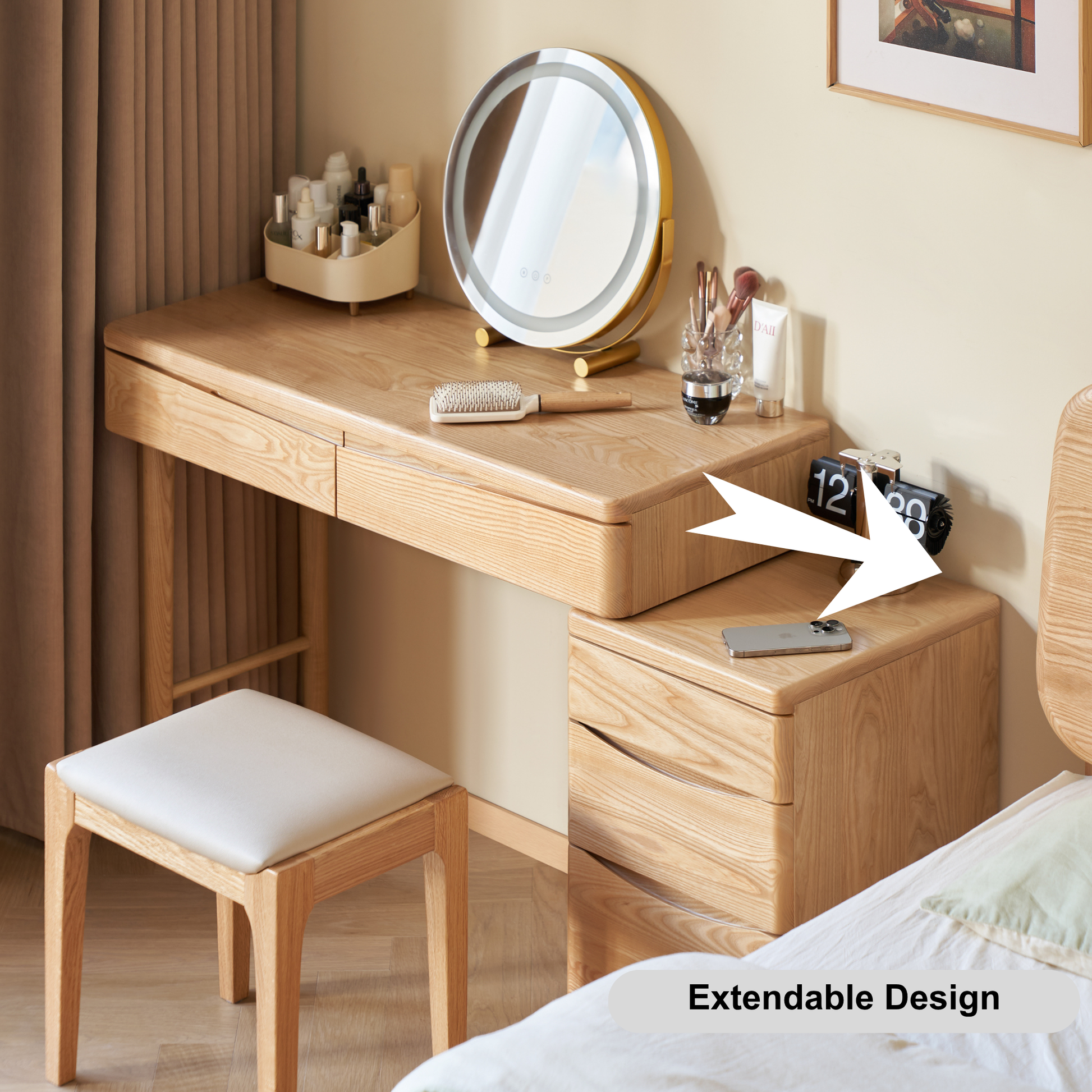 Solidwood Radiant Extendable Dressing Table, Ash, 125cm