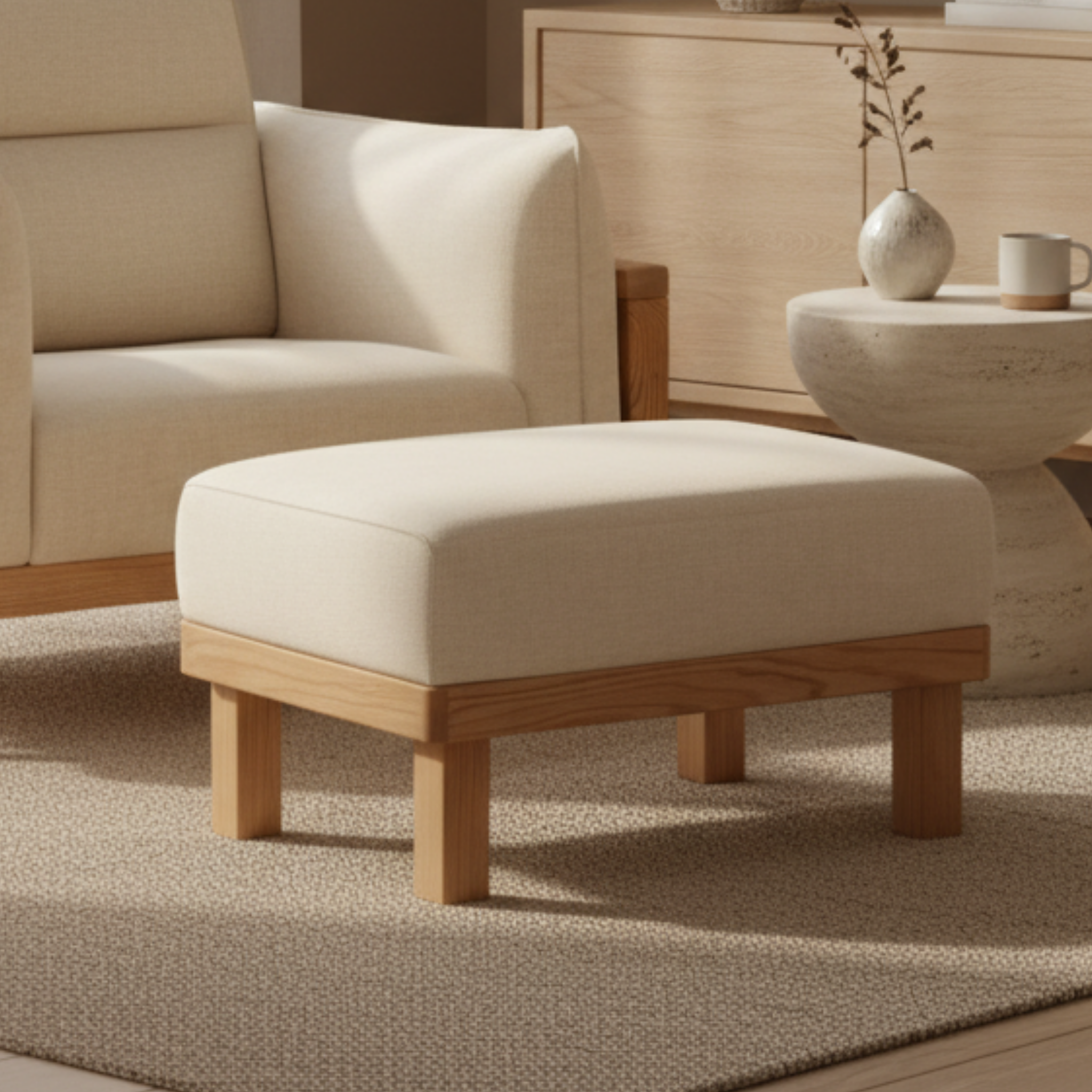 Solidwood Sanfi Linen Ottoman, Oak