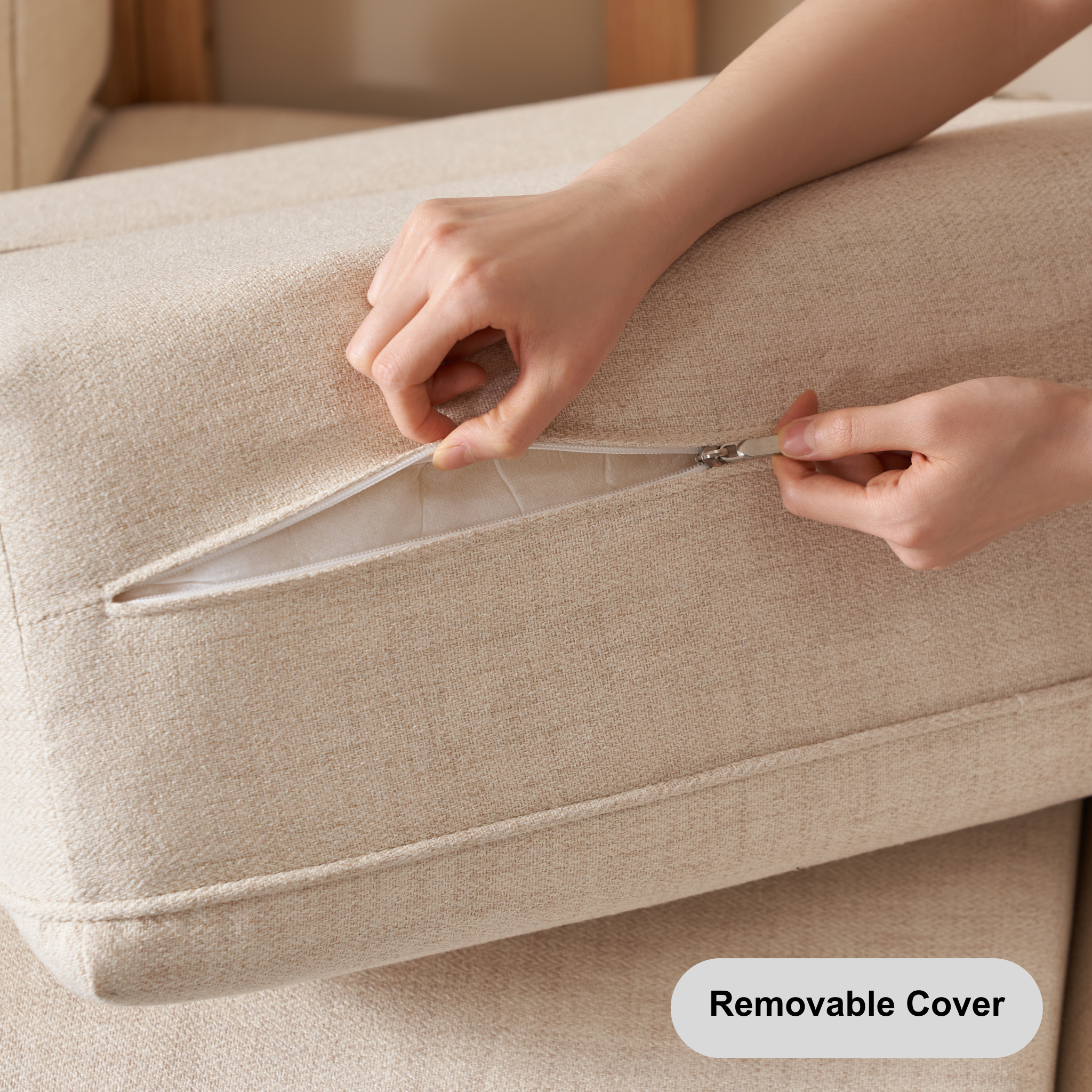 Solidwood Sanfi Linen Ottoman, Oak