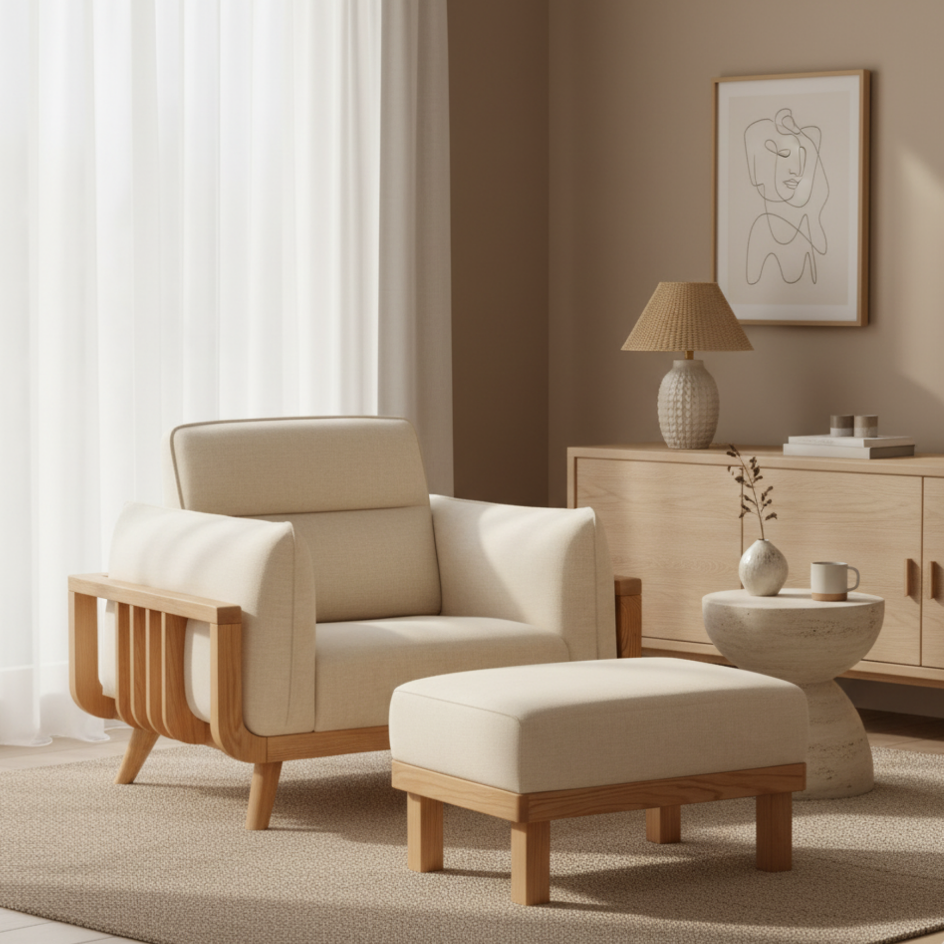 Solidwood Sanfi Linen Ottoman, Oak