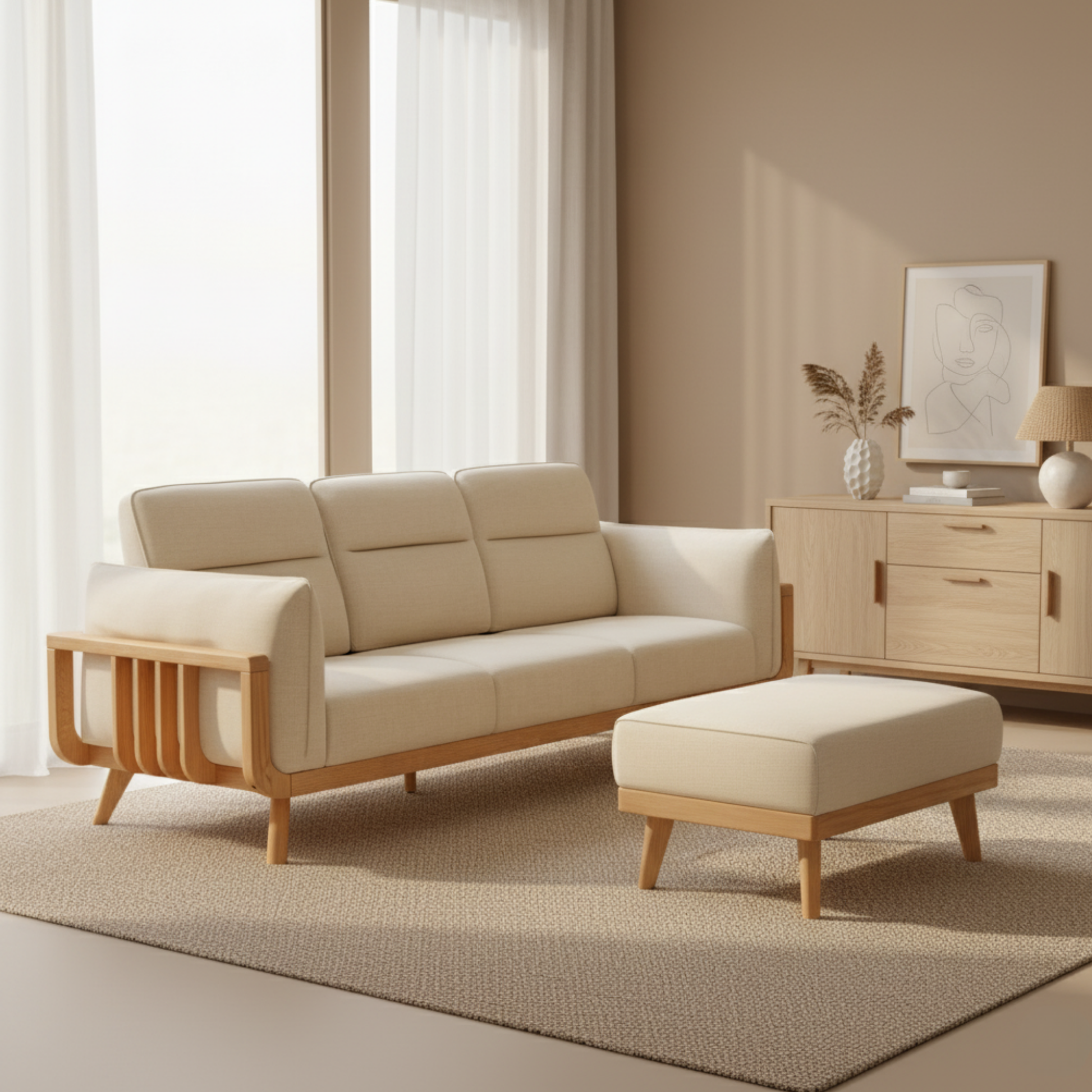 Solidwood Sanfi Linen Ottoman, Oak
