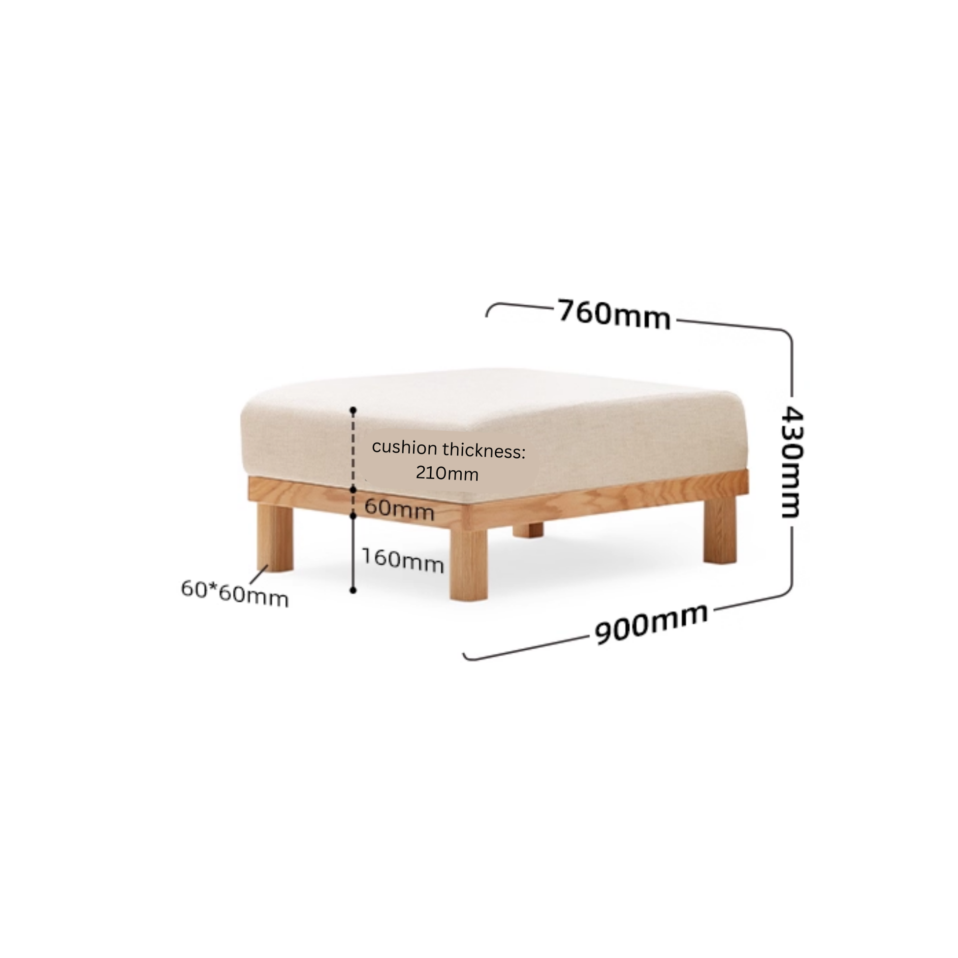 Solidwood Sanfi Linen Ottoman, Oak