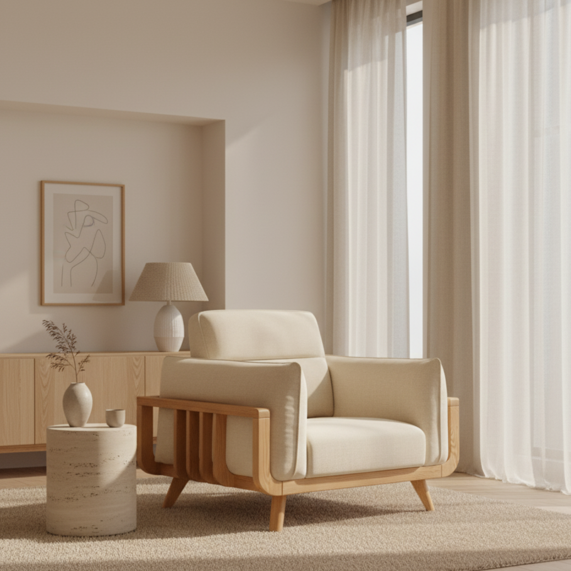 Solidwood Sanfi Linen Armchair, Oak