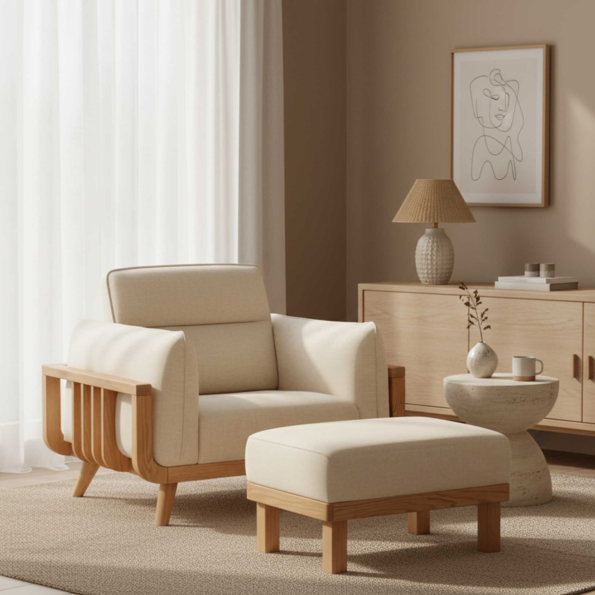 Solidwood Sanfi Linen Armchair, Oak