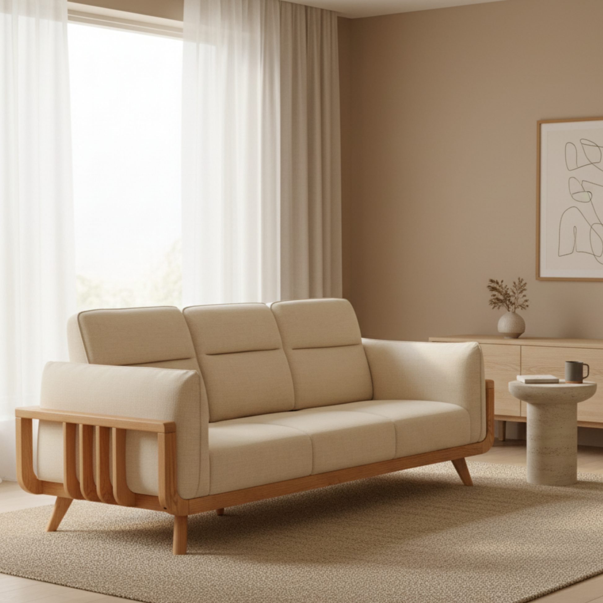 Solidwood Sanfi 3-Seater Linen Sofa, Oak