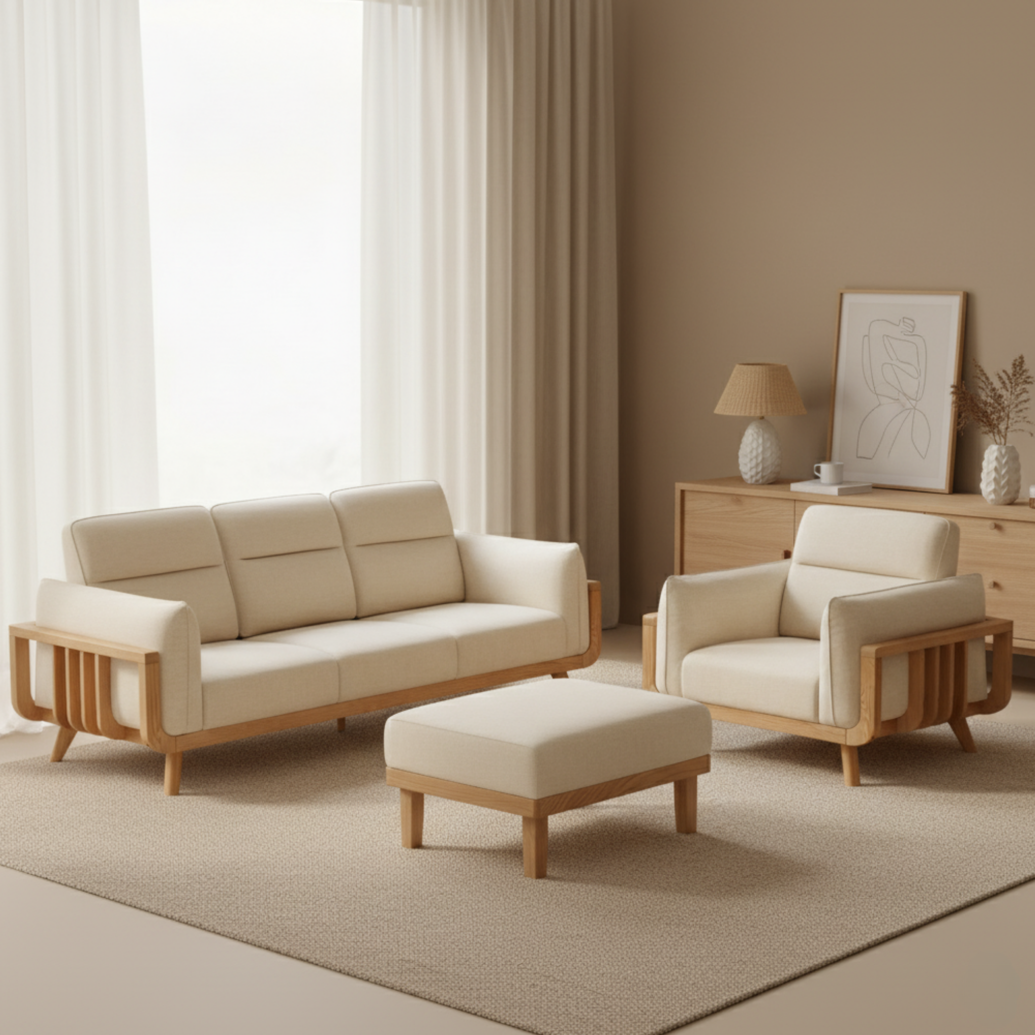 Solidwood Sanfi 3-Seater Linen Sofa, Oak