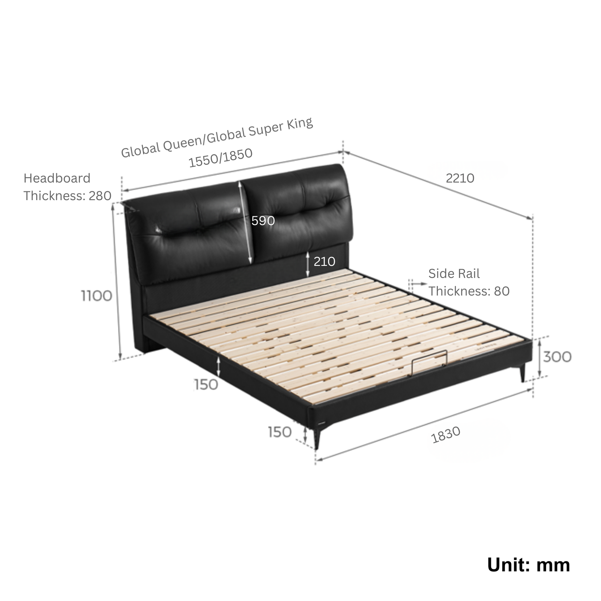 Linspire Radius Leather Dual-Cushion Headboard Bed Frame, Black