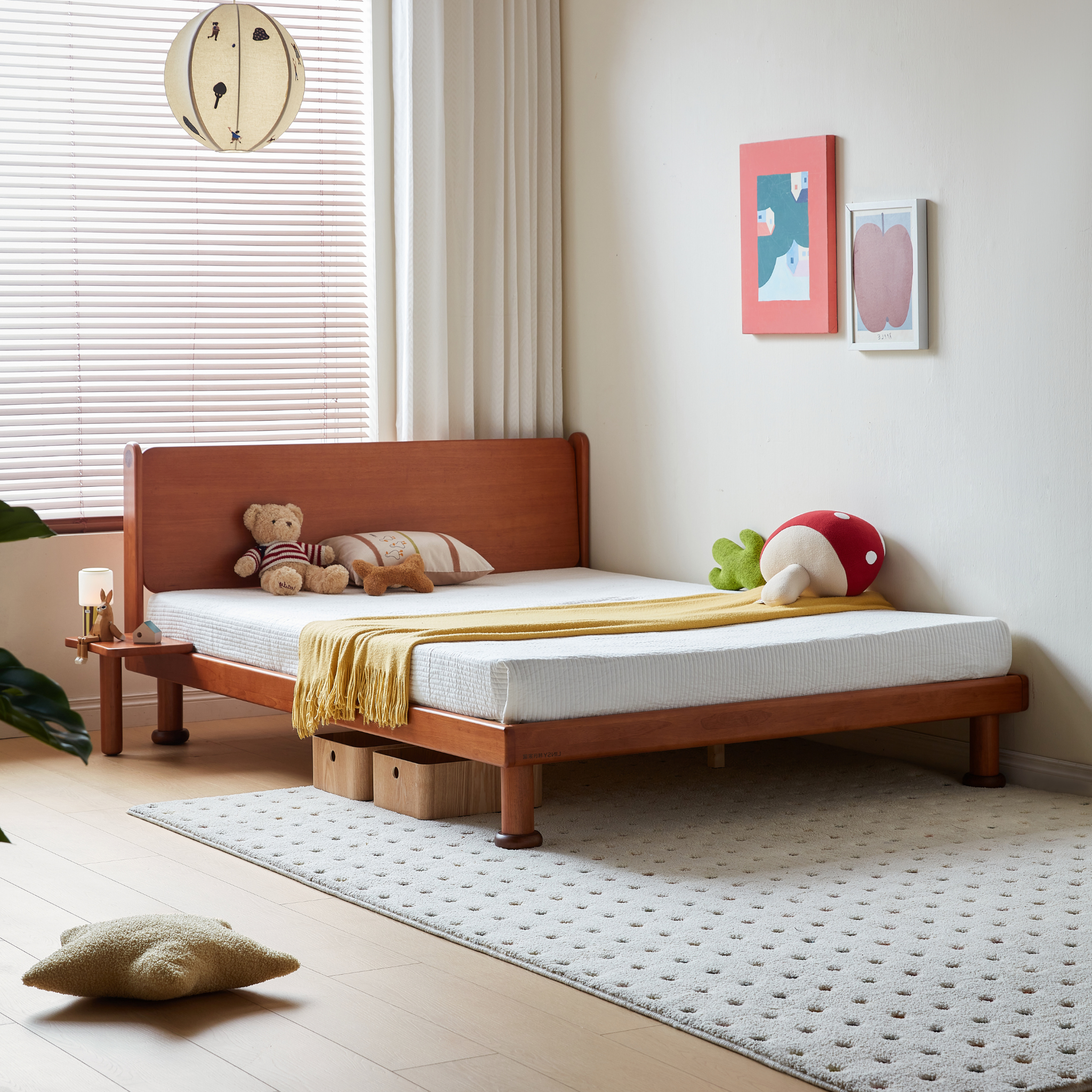 Linspire Sunny Solid Wood Kids Global Double Bed Frame with Bedside Shelf, Dark Wood
