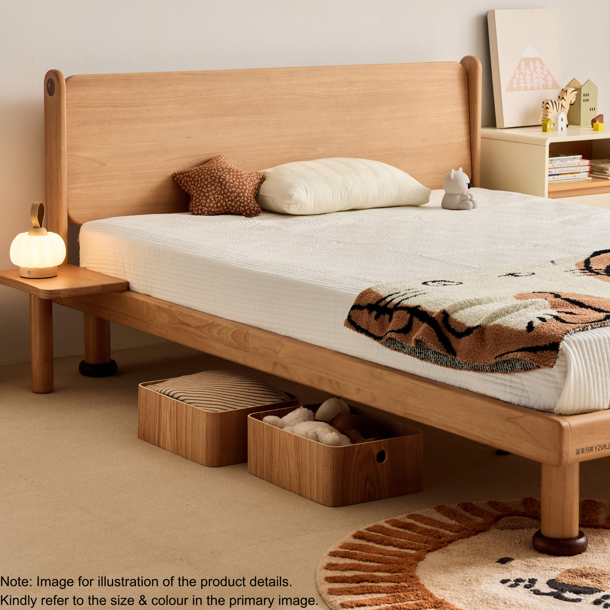 Linspire Sunny Solid Wood Kids Global Double Bed Frame with Bedside Shelf, Dark Wood