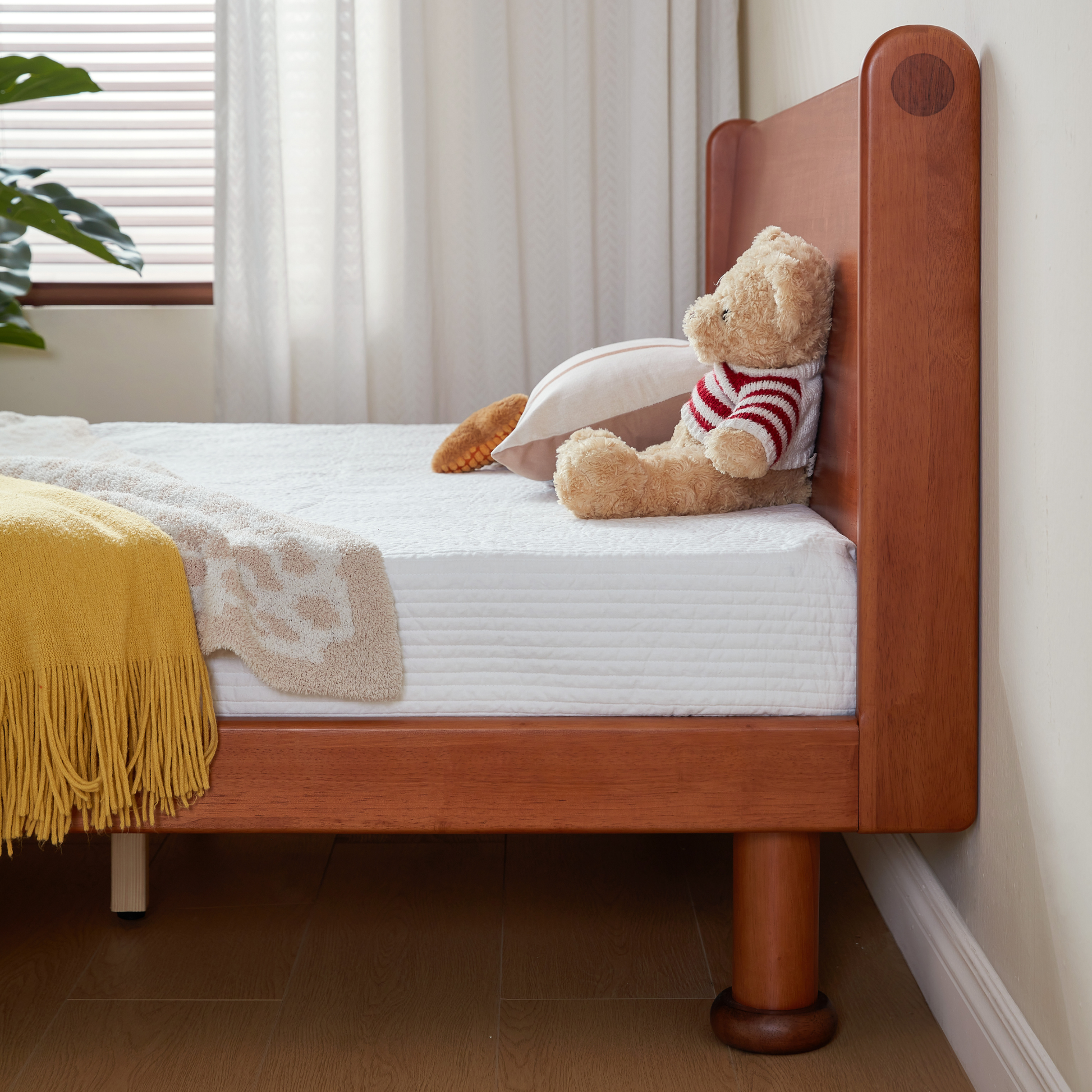 Linspire Sunny Solid Wood Kids Global Double Bed Frame with Bedside Shelf, Dark Wood