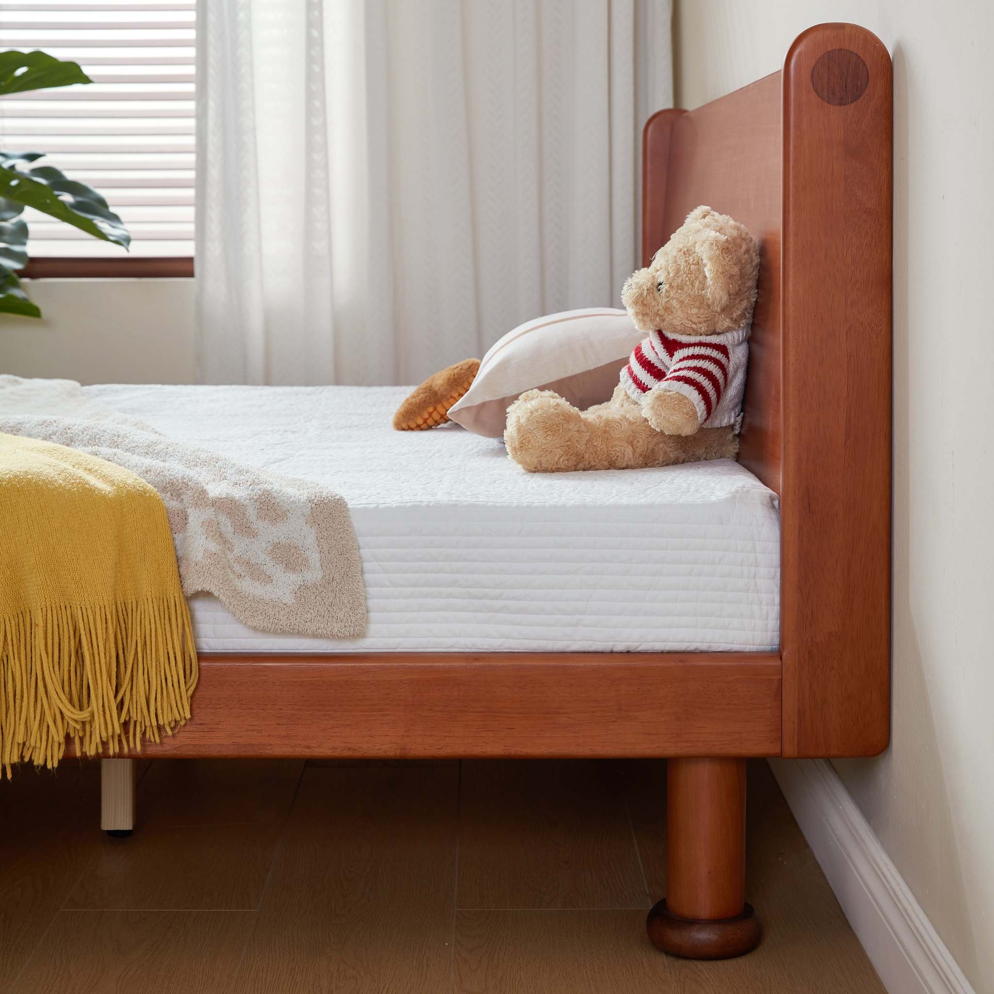 Linspire Sunny Solid Wood Kids Global Double Bed Frame with Bedside Shelf, Dark Wood