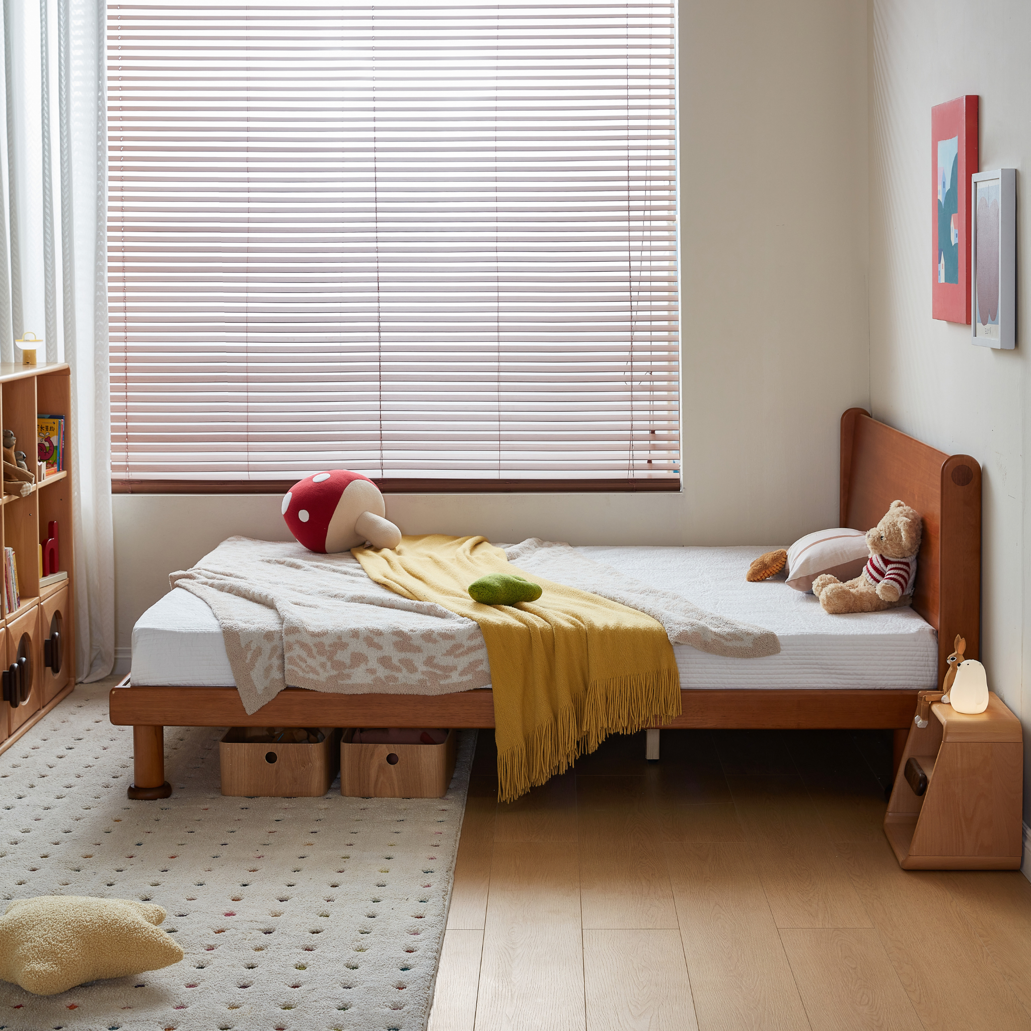 Linspire Sunny Solid Wood Kids Global Double Bed Frame with Bedside Shelf, Dark Wood