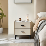 Linspire MIRAGE Leather Bedside Table with Sintered Stone Top, Cool White