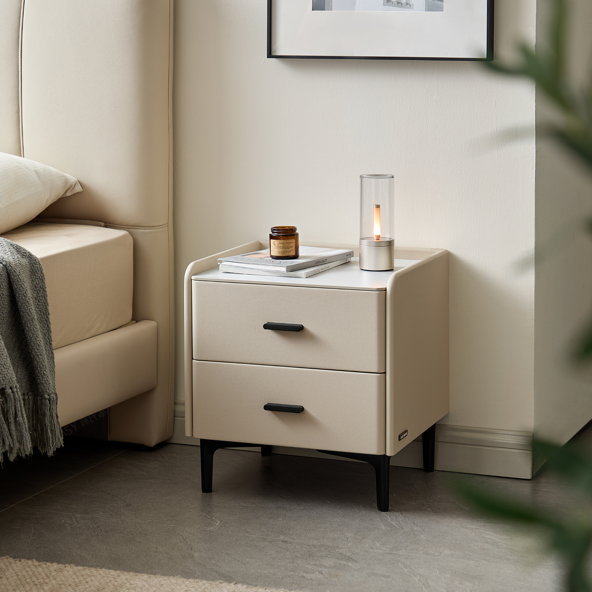 Linspire MIRAGE Leather Bedside Table with Sintered Stone Top, Cool White
