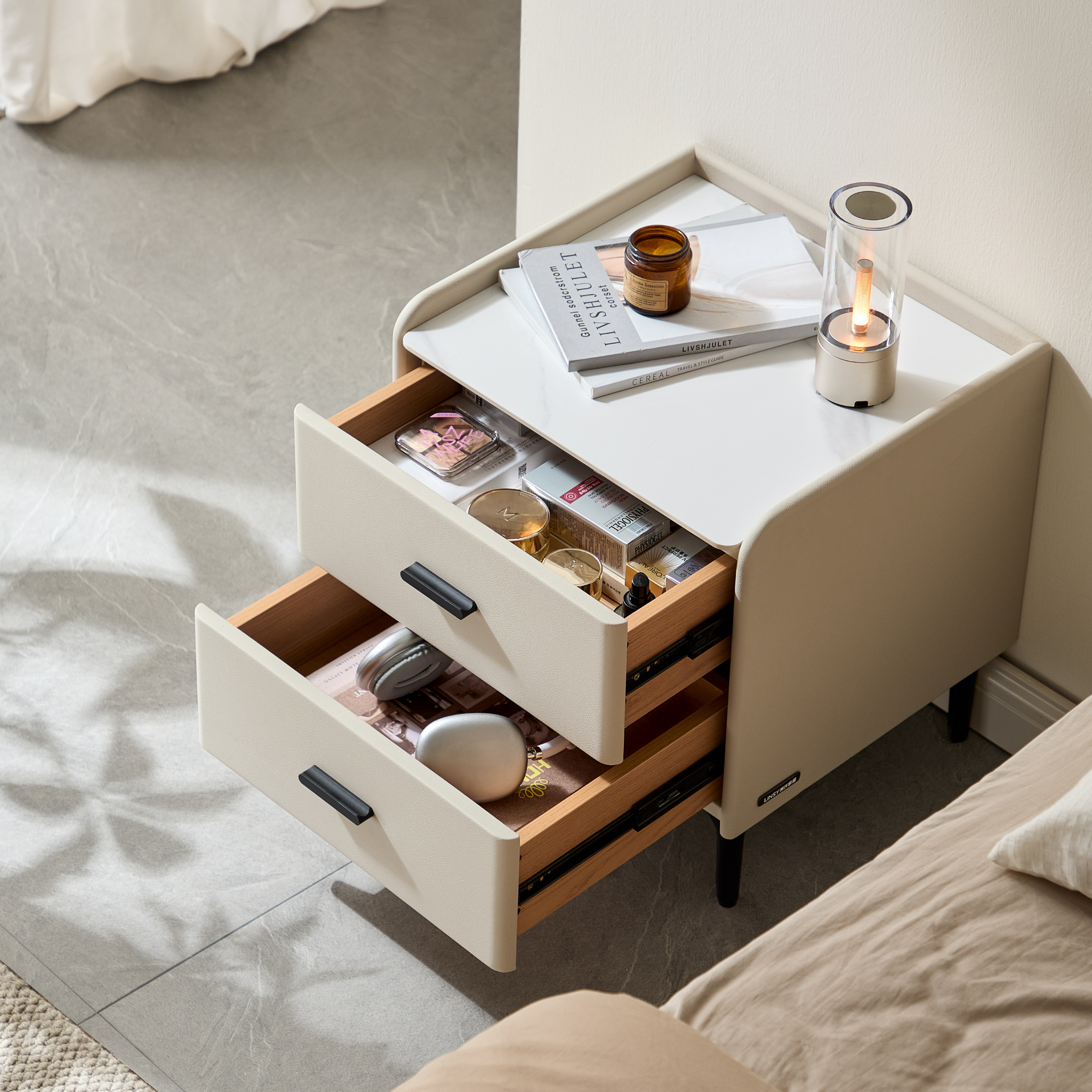 Linspire MIRAGE Leather Bedside Table with Sintered Stone Top, Cool White