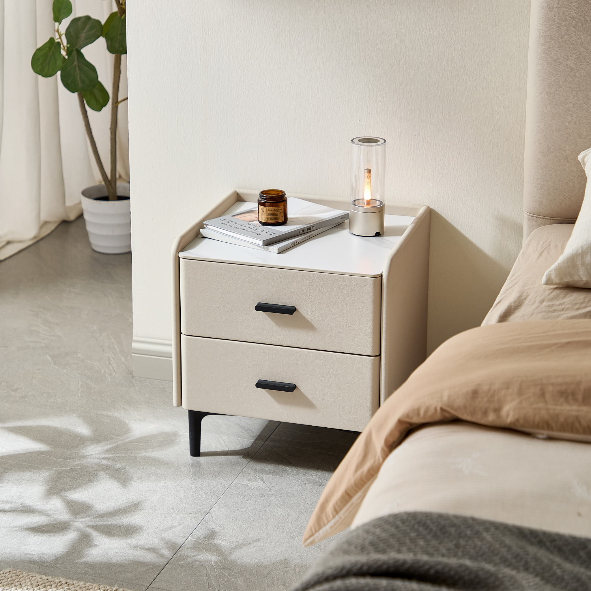 Linspire MIRAGE Leather Bedside Table with Sintered Stone Top, Cool White