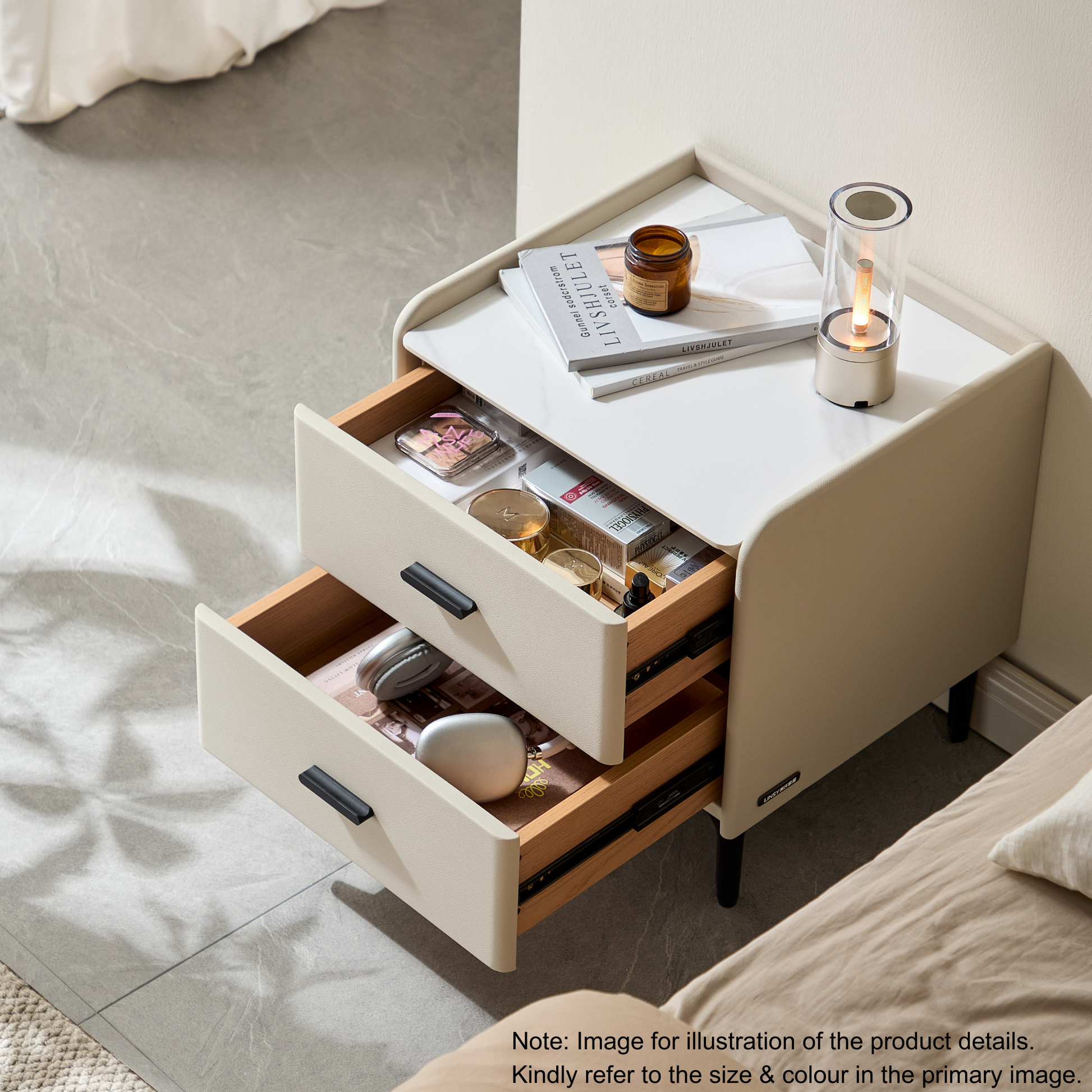 Linspire MIRAGE Leather Bedside Table with Sintered Stone Top, White