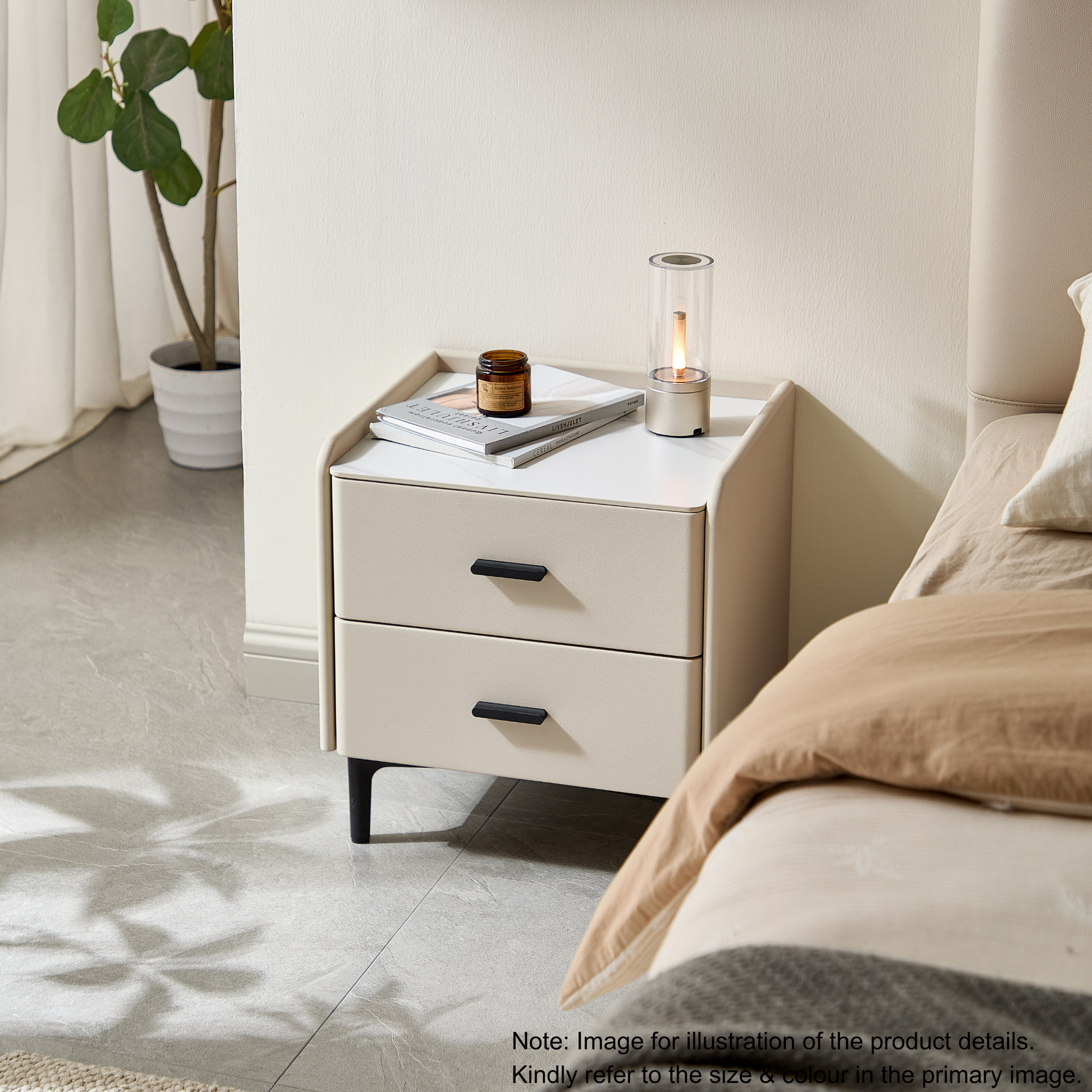 Linspire MIRAGE Leather Bedside Table with Sintered Stone Top, White