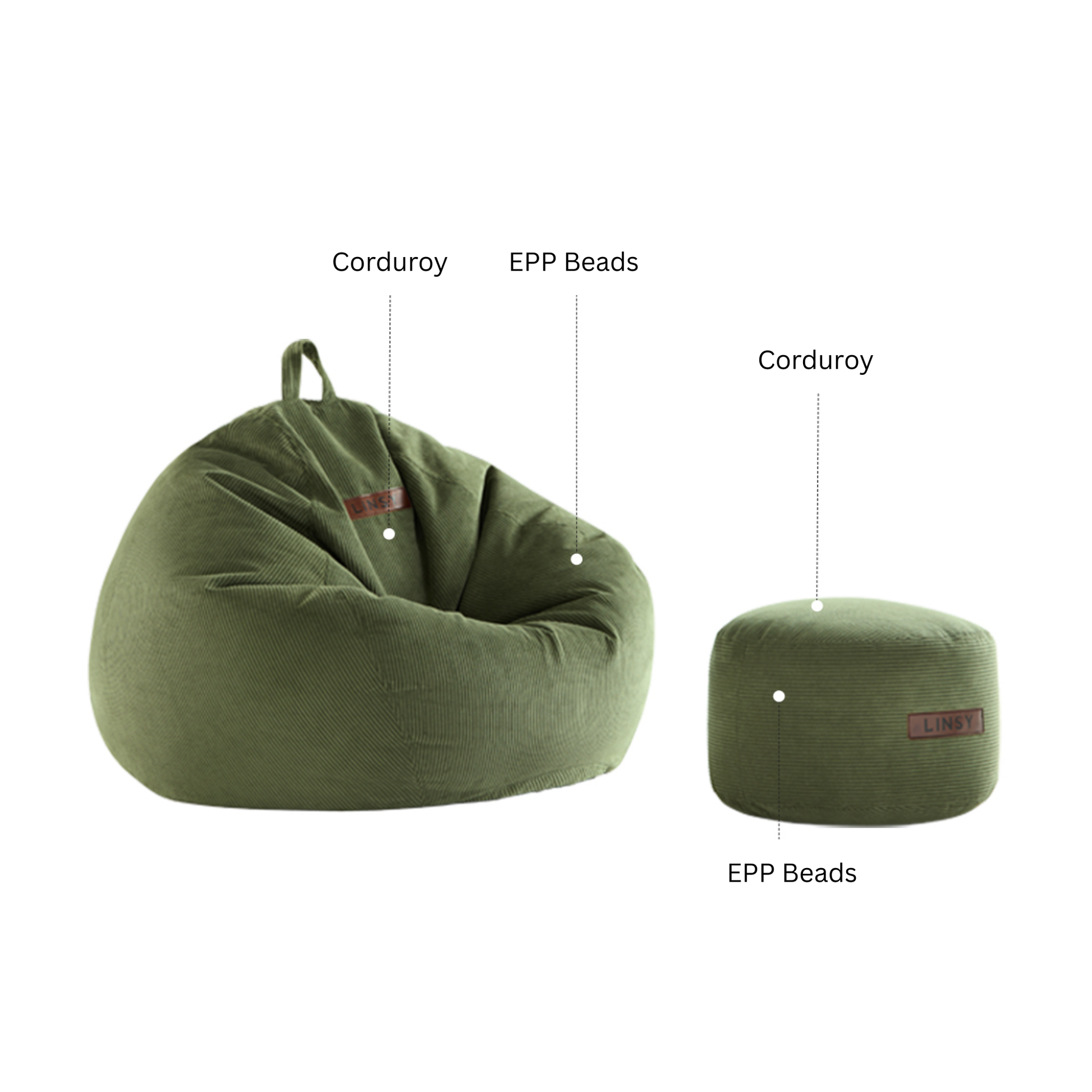 Linspire Nest Bean Bag with Ottoman Set, Corduroy, Green