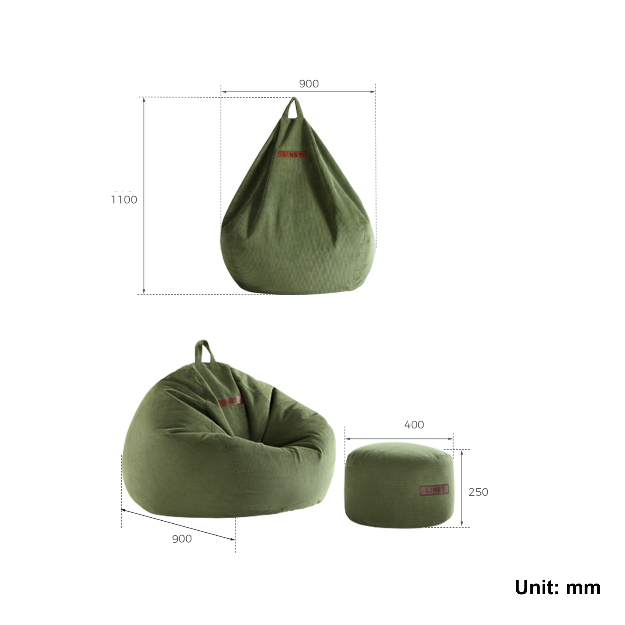Linspire Nest Bean Bag with Ottoman Set, Corduroy, Green