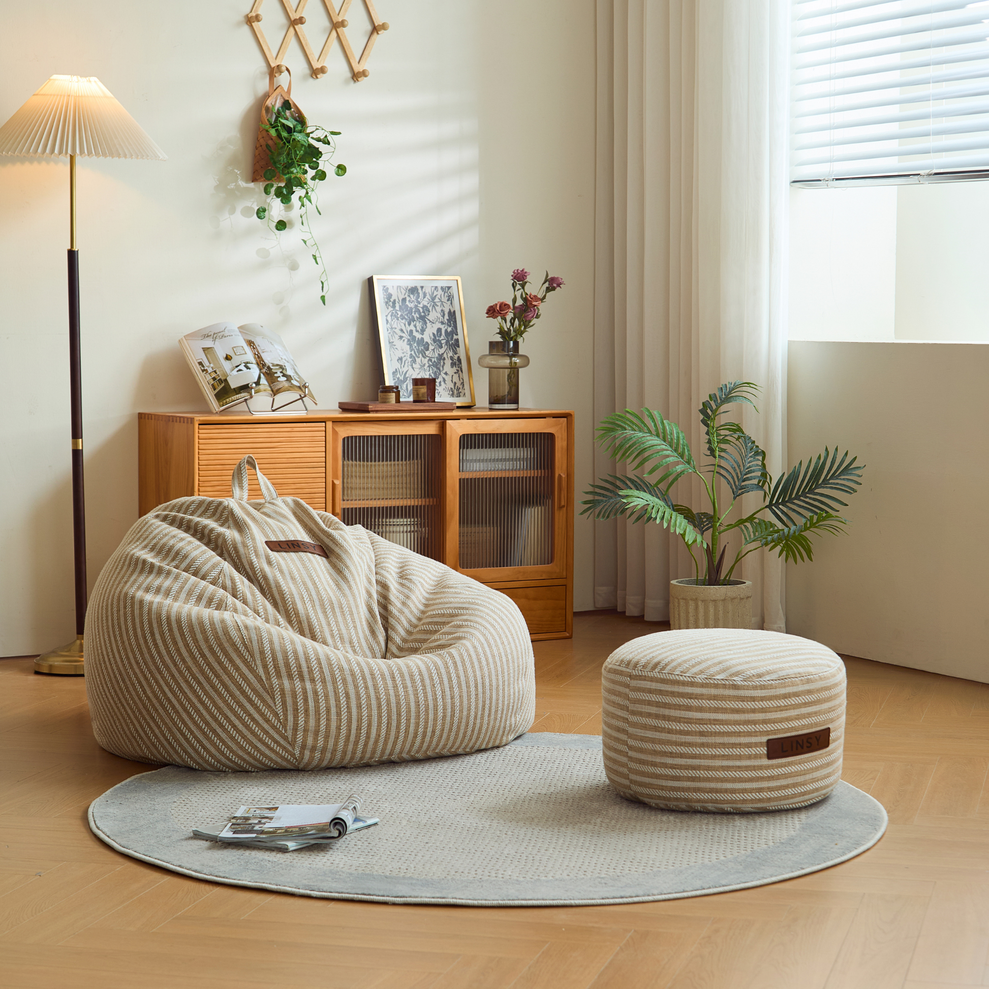 Linspire Nest Bean Bag with Ottoman Set, Fabric, White & Yellow