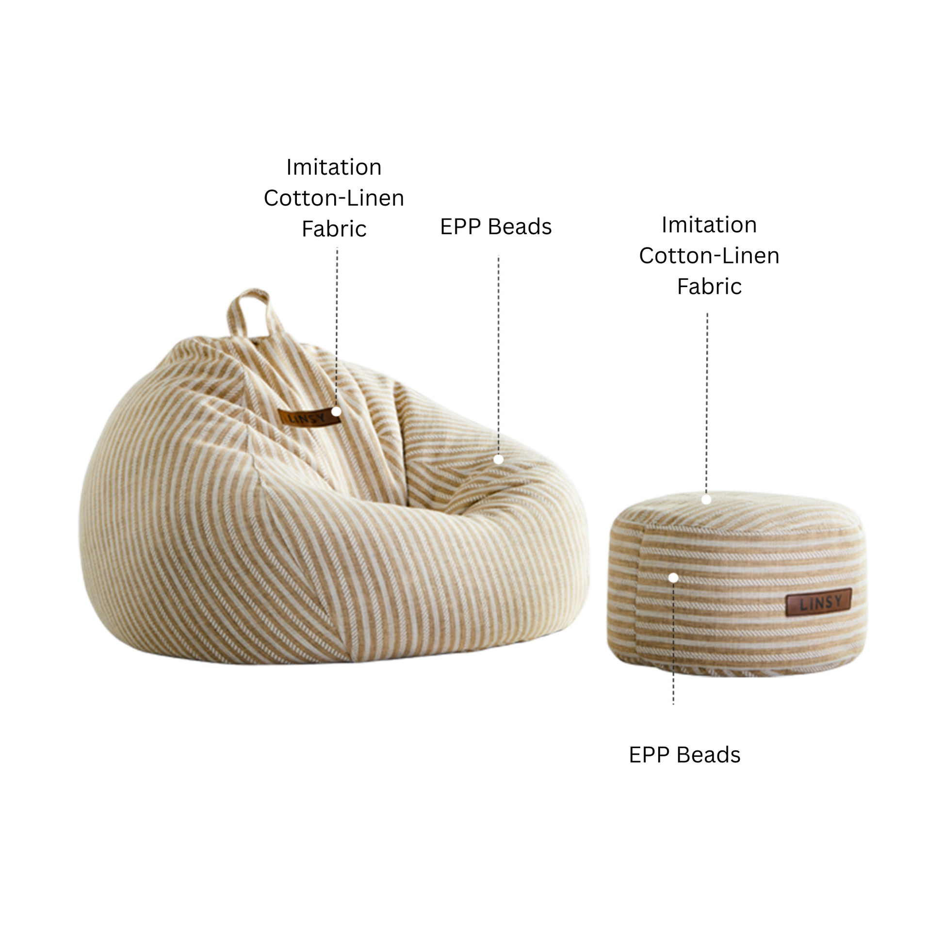 Linspire Nest Bean Bag with Ottoman Set, Fabric, White & Yellow