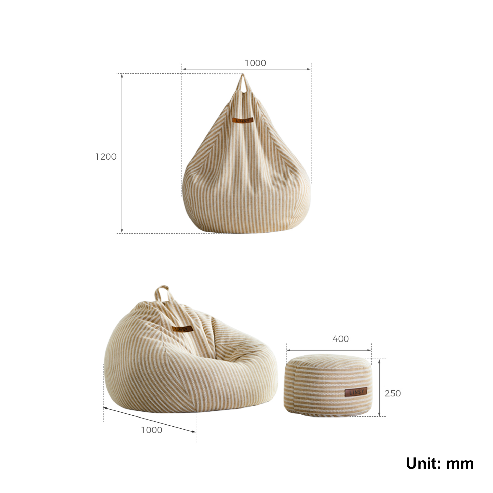 Linspire Nest Bean Bag with Ottoman Set, Fabric, White & Yellow