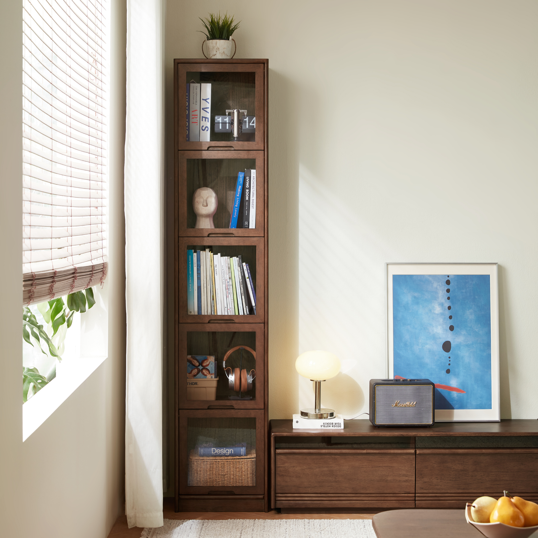 Linspire Ursula Slim Narrow Solid Wood Bookcase with Flip Doors, W40cm