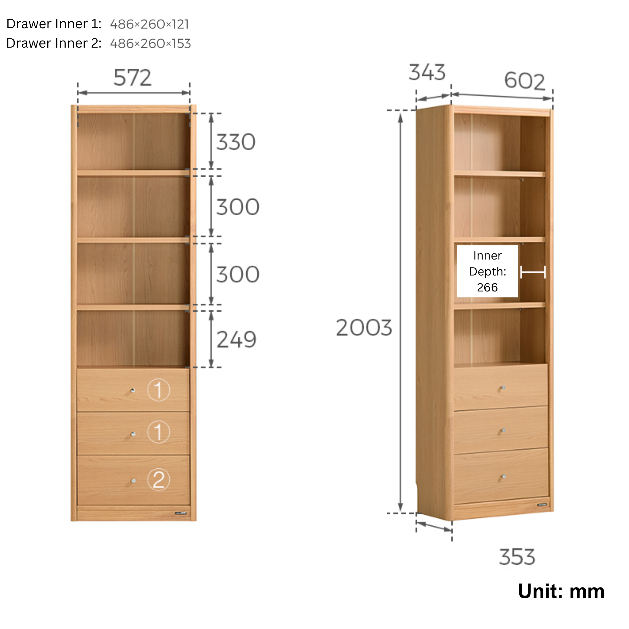 Linspire Aalto Bookcase with Drawers, Natural Wood