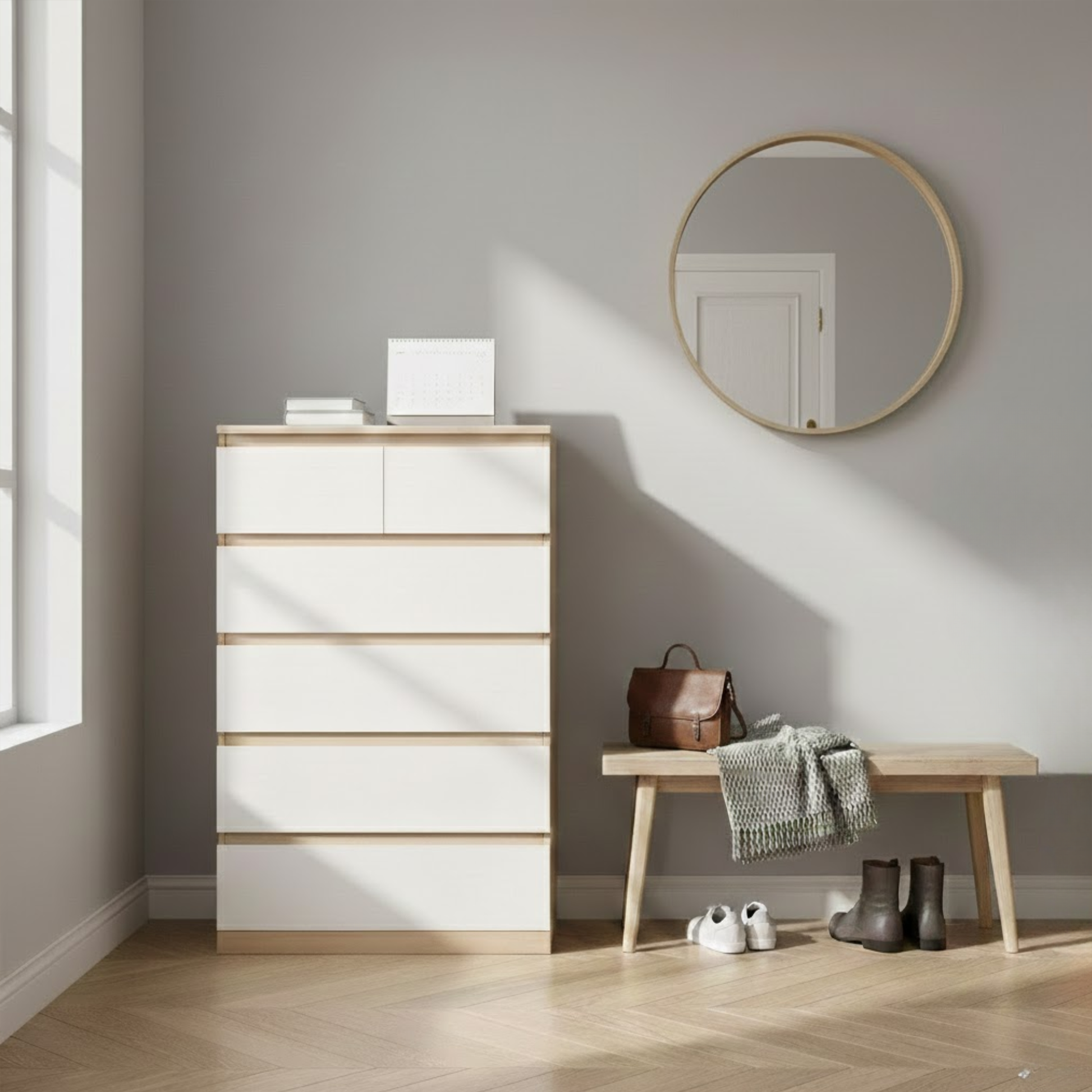 Loft Ensio Chest of 6 Drawers, Tallboy, White & Natural Wood