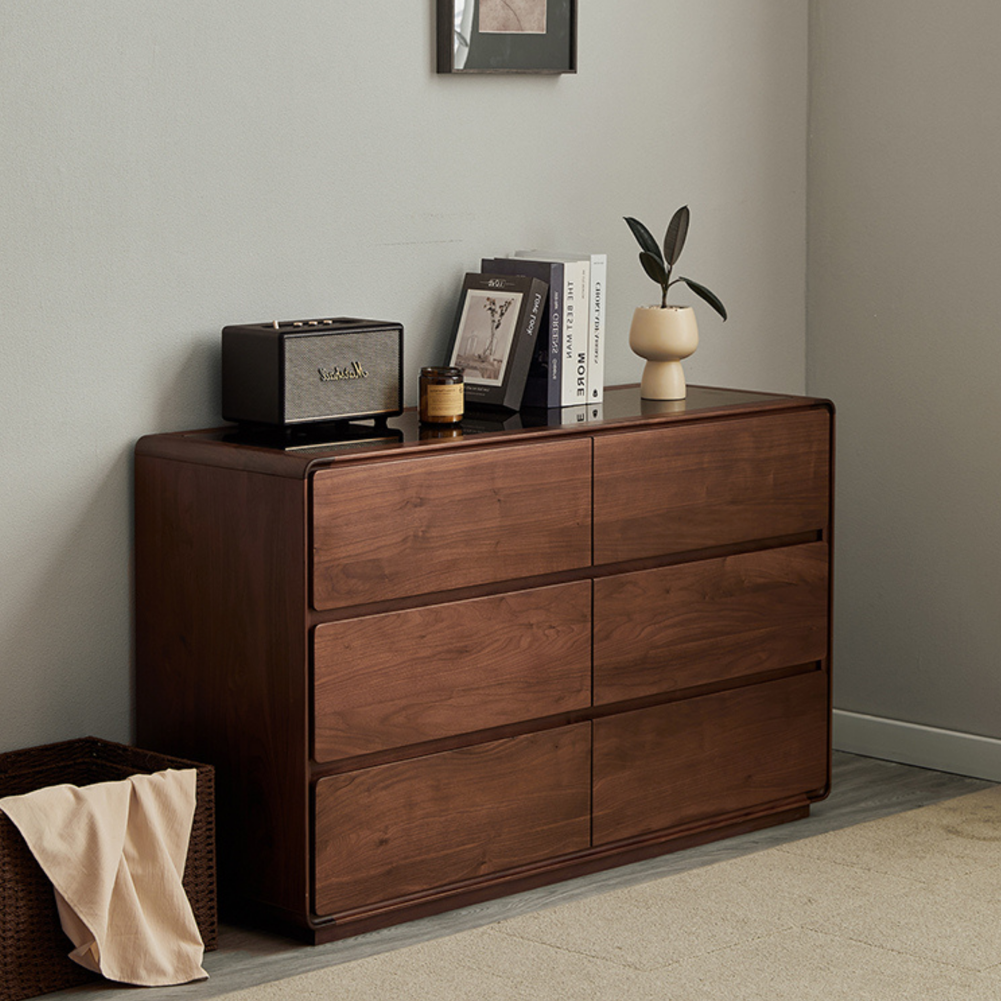 Linspire Vista Solid Wood Chest of 6 Drawers with Glass Top, American Black Walnut