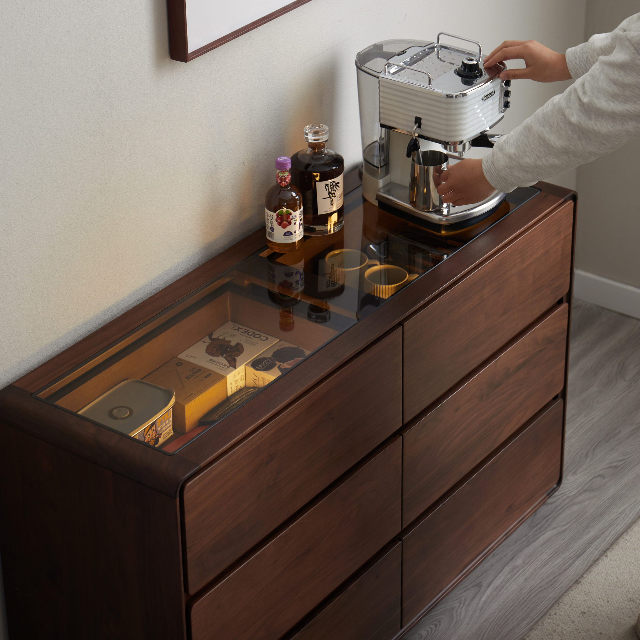 Linspire Vista Solid Wood Chest of 6 Drawers with Glass Top, American Black Walnut