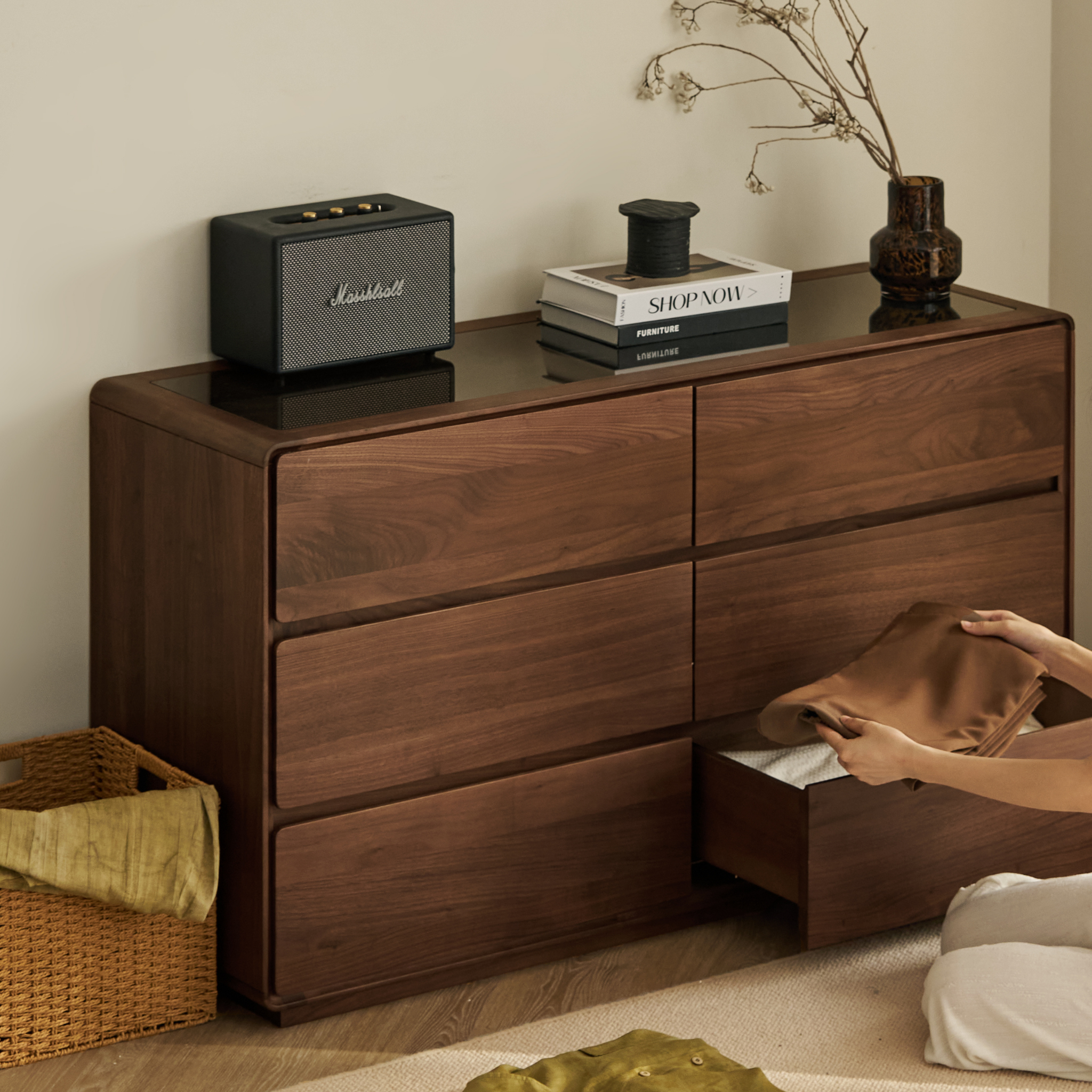 Linspire Vista Solid Wood Chest of 6 Drawers with Glass Top, American Black Walnut