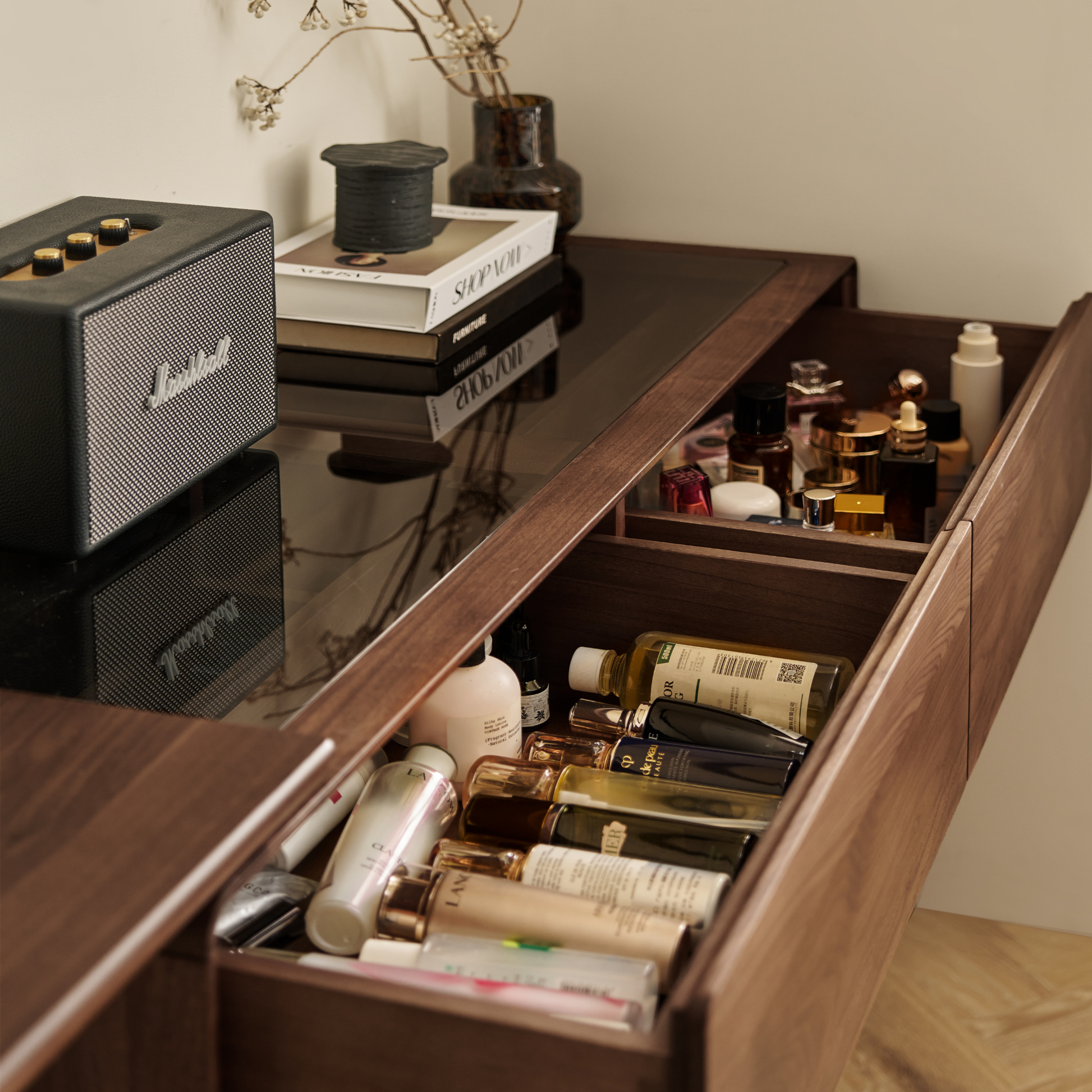 Linspire Vista Solid Wood Chest of 6 Drawers with Glass Top, American Black Walnut