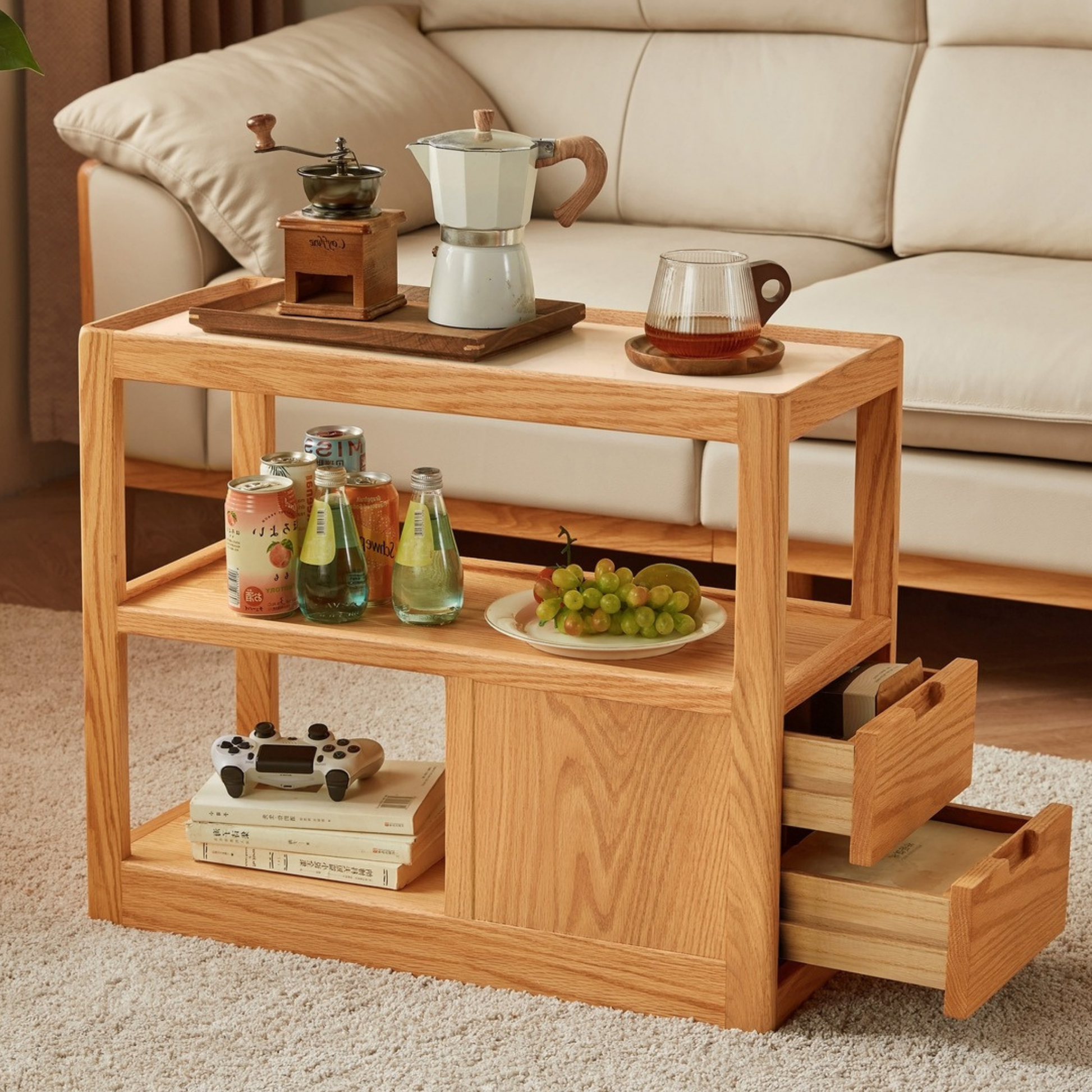 Linspire Rivna Solid Wood Side Table with Sintered Stone Top, Oak