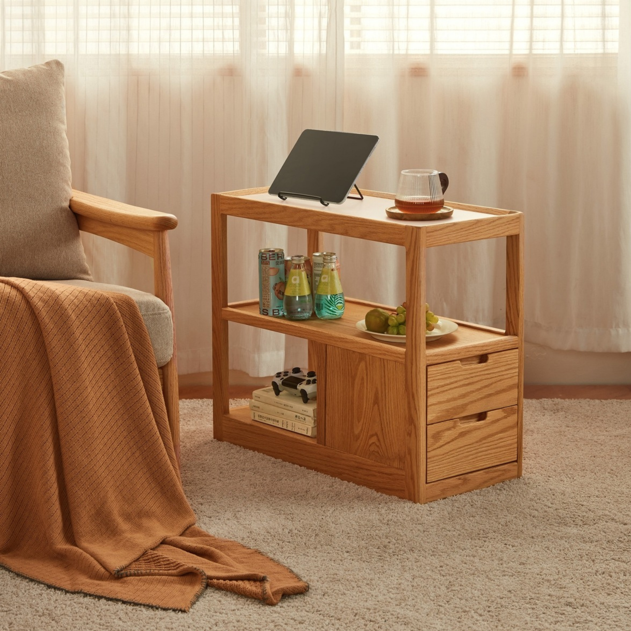 Linspire Rivna Solid Wood Side Table with Sintered Stone Top, Oak