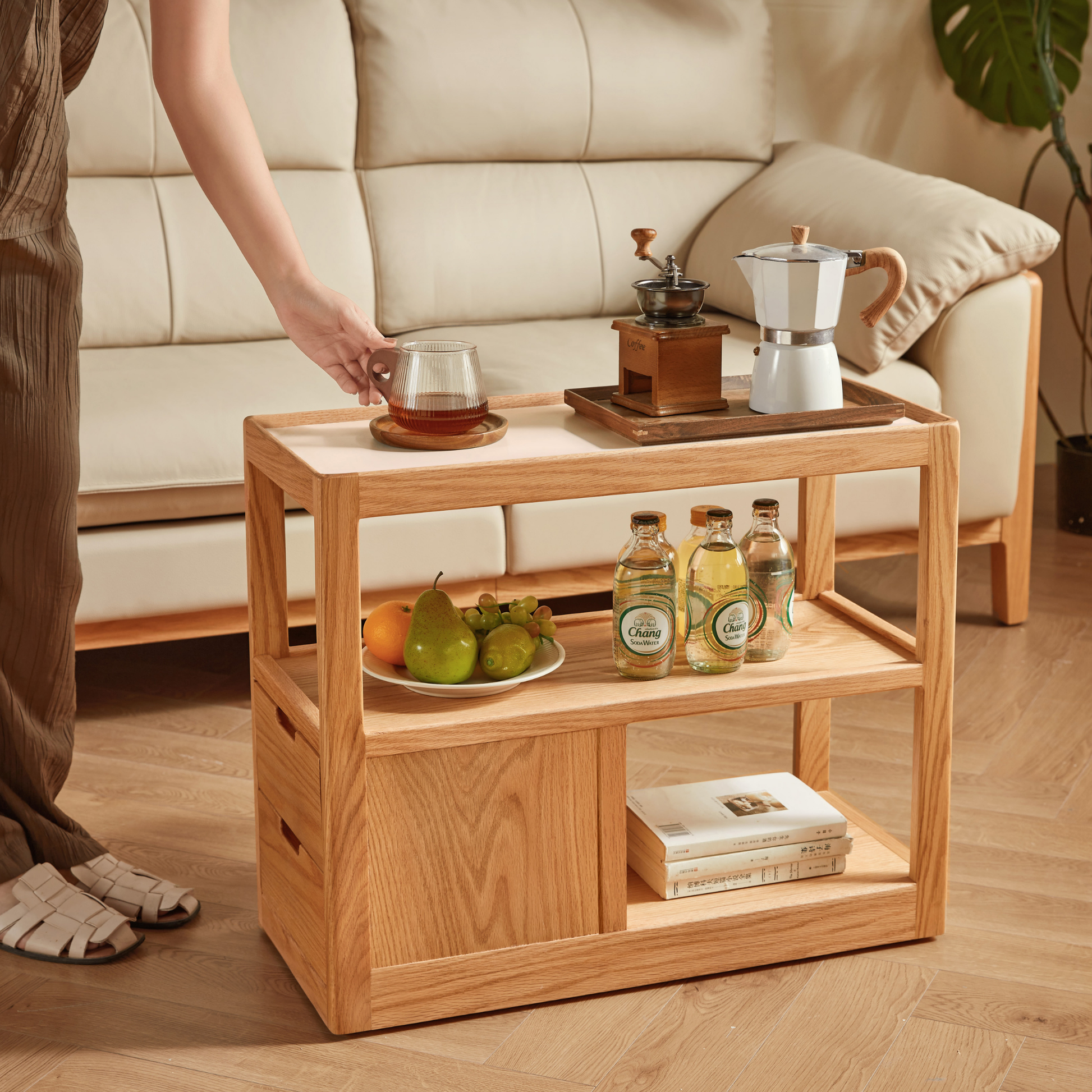 Linspire Rivna Solid Wood Side Table with Sintered Stone Top, Oak