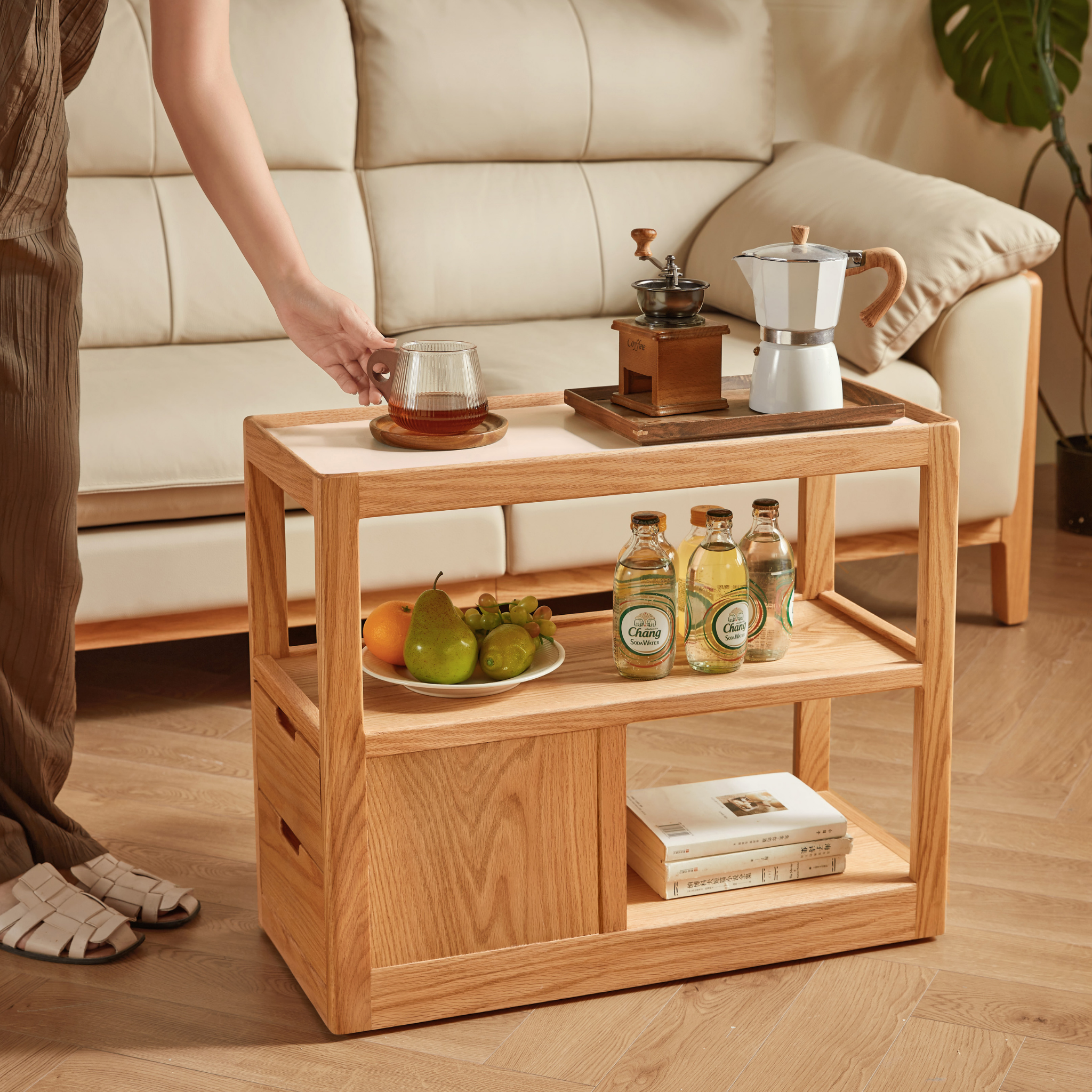 Linspire Rivna Solid Wood Side Table with Sintered Stone Top, Oak