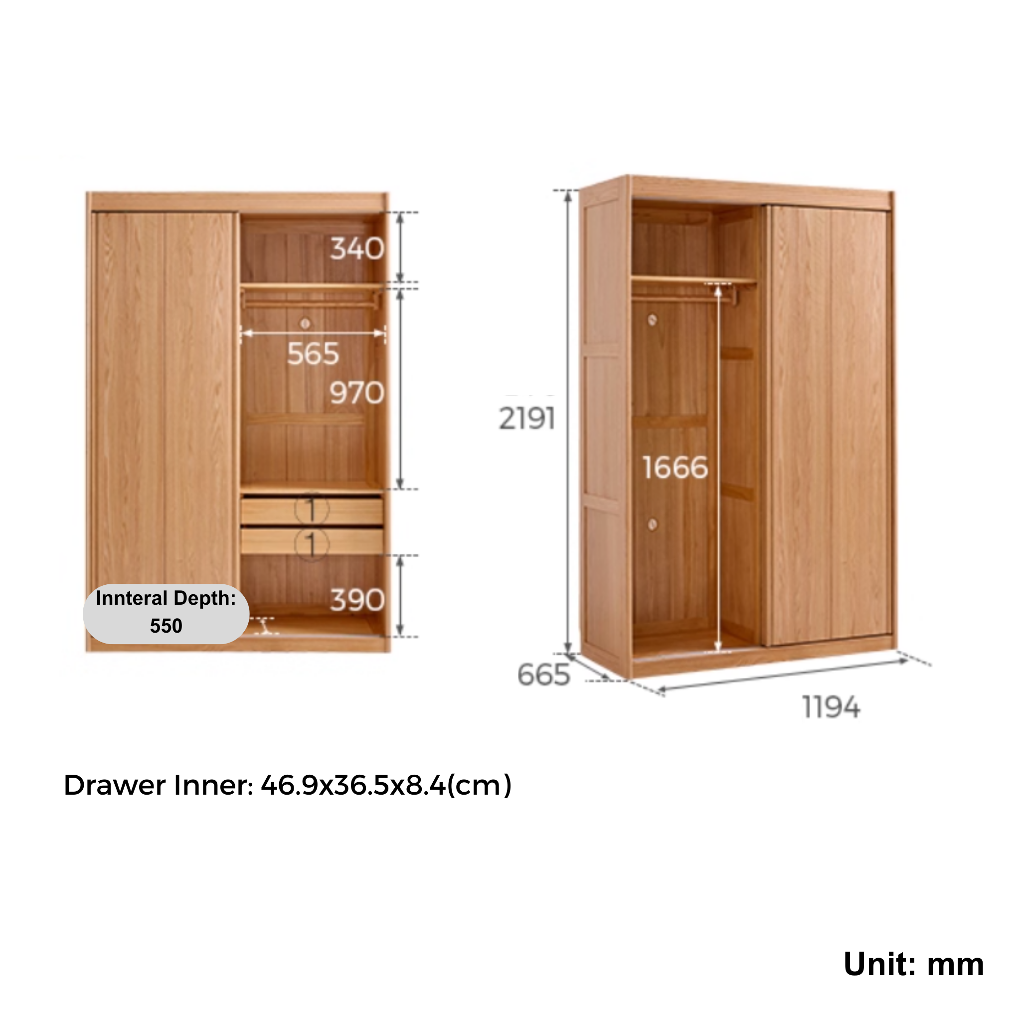 Linspire Rivna Solid Wood Wardrobe, Oak, W120cm